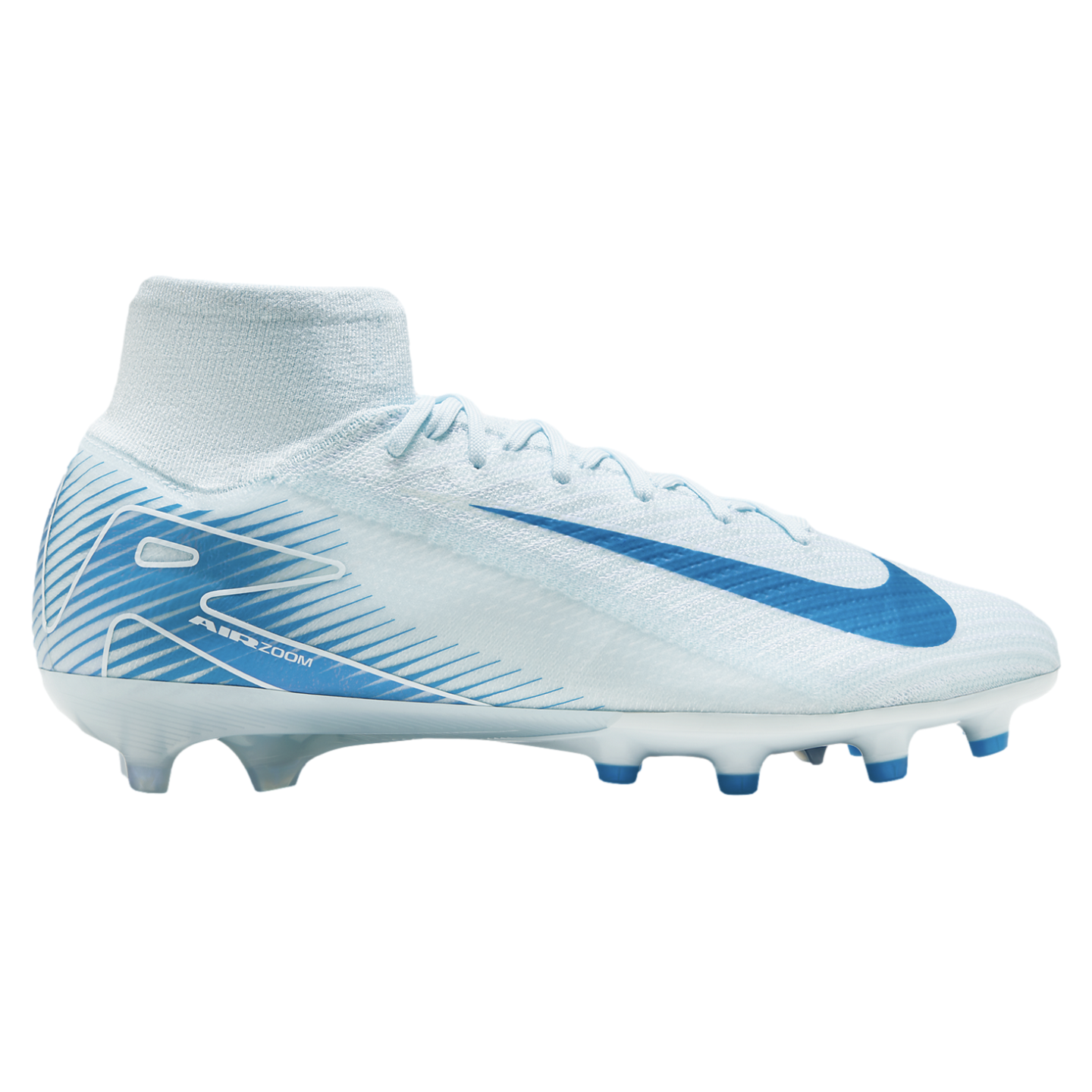 Side view of a light blue and white Nike soccer cleat with a high collar and "AIR ZOOM" branding, set against a solid black background.