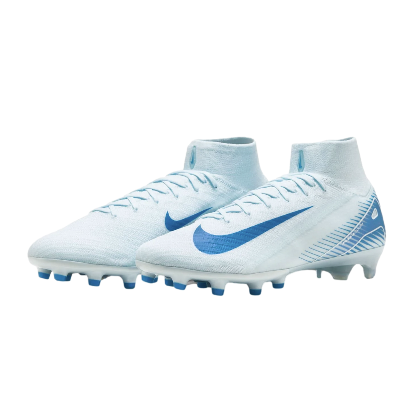 Pair of light blue Nike soccer cleats with dark blue accents, high-top knit collars, and studded soles, displayed against a black background.