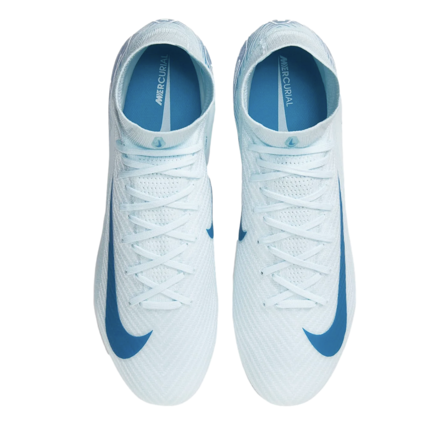 Top-down view of a pair of light blue Nike Mercurial soccer cleats with dark blue swooshes on a black background.