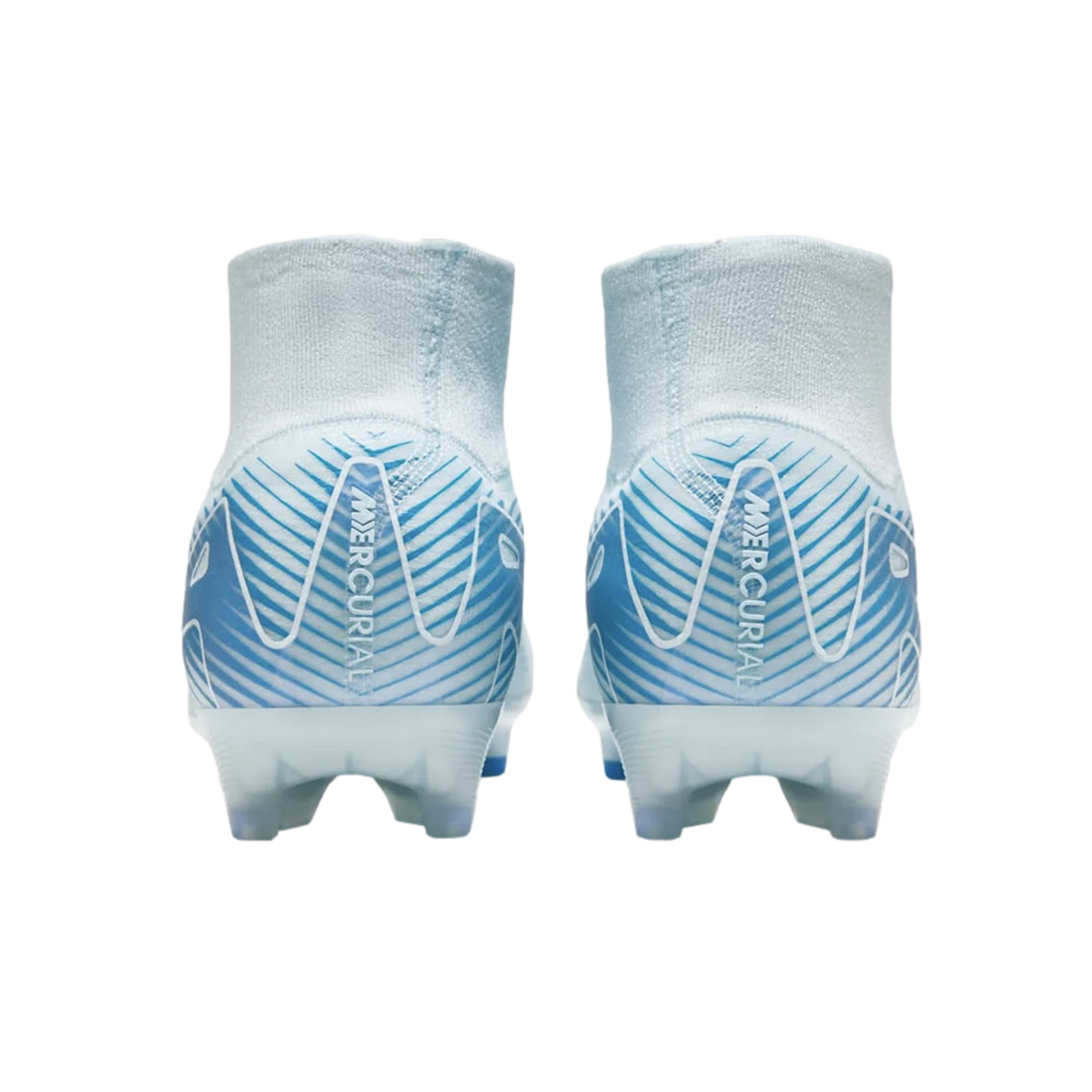 Rear view of light blue and white Nike Mercurial soccer cleats featuring high ankle collars and blue diagonal stripe patterns on the heels.