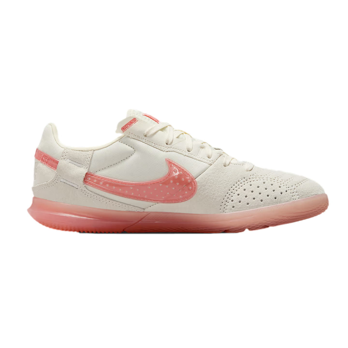 A side-profile view of a cream-colored Nike sneaker featuring a translucent salmon-pink swoosh and outsole, set against a solid black background.