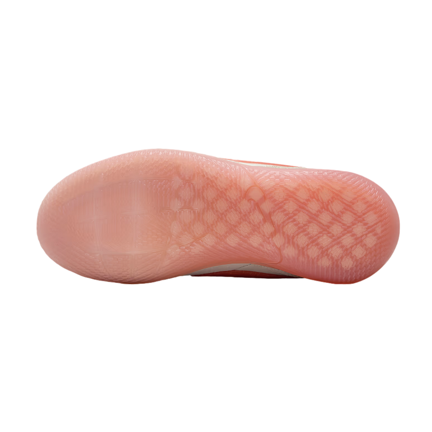 Bottom view of a peach athletic shoe sole featuring a translucent rubber finish and a detailed traction pattern, set against a black background.