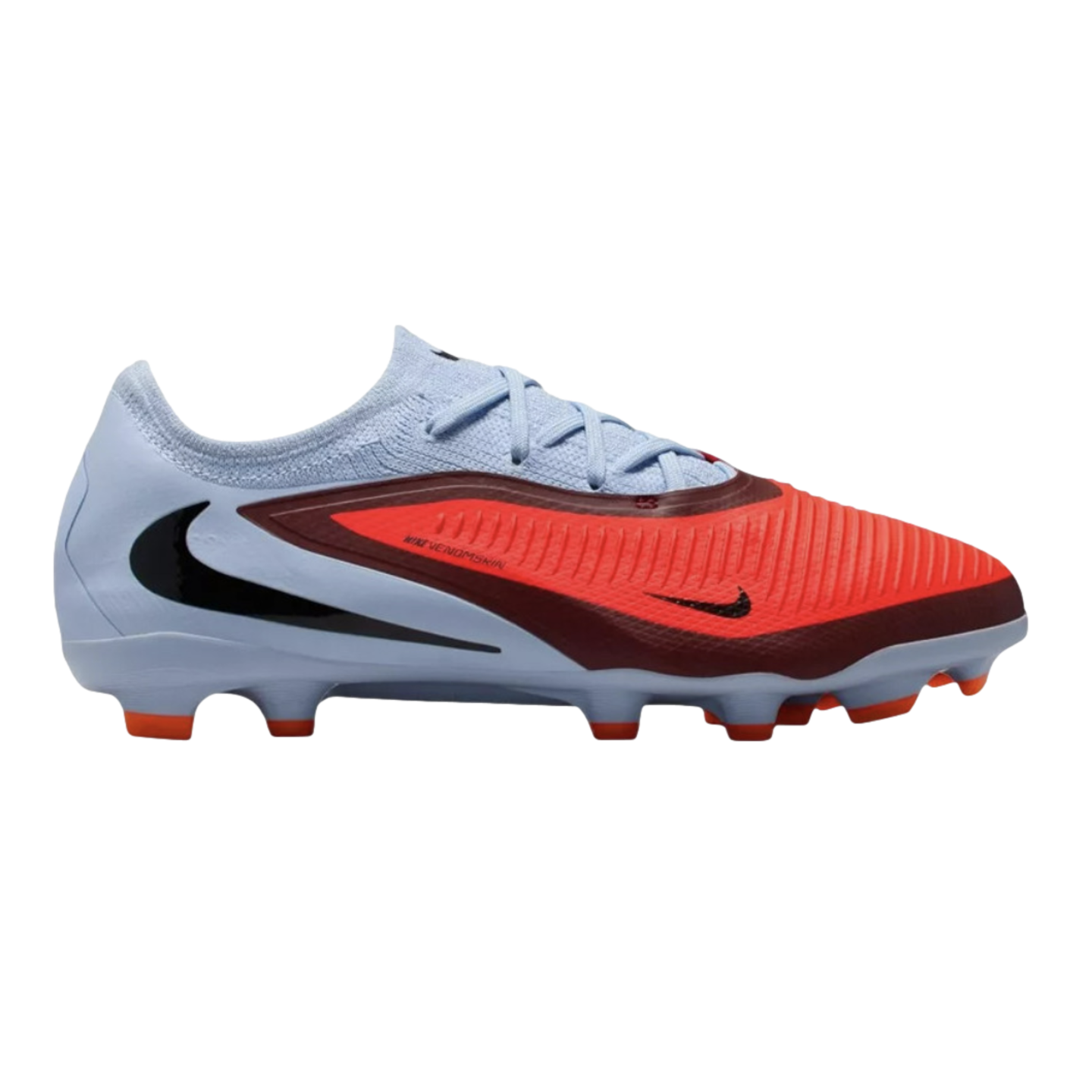 Side profile of a Nike soccer cleat featuring a light blue upper, a bright orange textured forefoot strike zone, and black Swoosh logos.