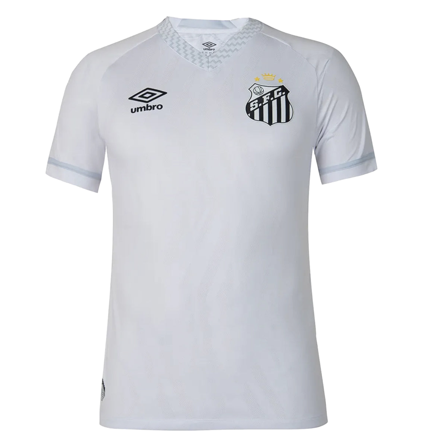 A white short-sleeved Umbro soccer jersey for Santos FC, featuring the club crest with a gold crown on the chest and a patterned V-neck collar.