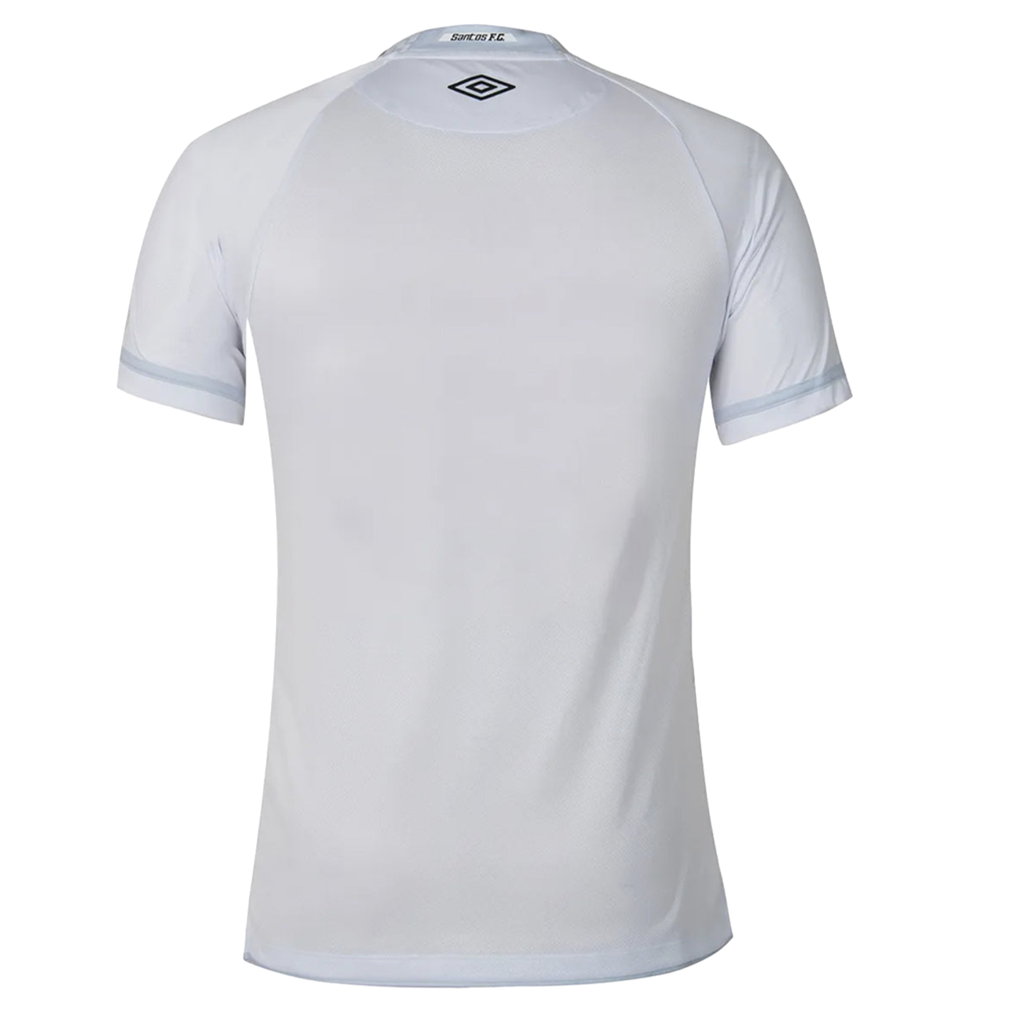 Back view of a white Umbro soccer jersey for Santos FC with a grey logo below the collar and "Santos FC" text on the neckline.