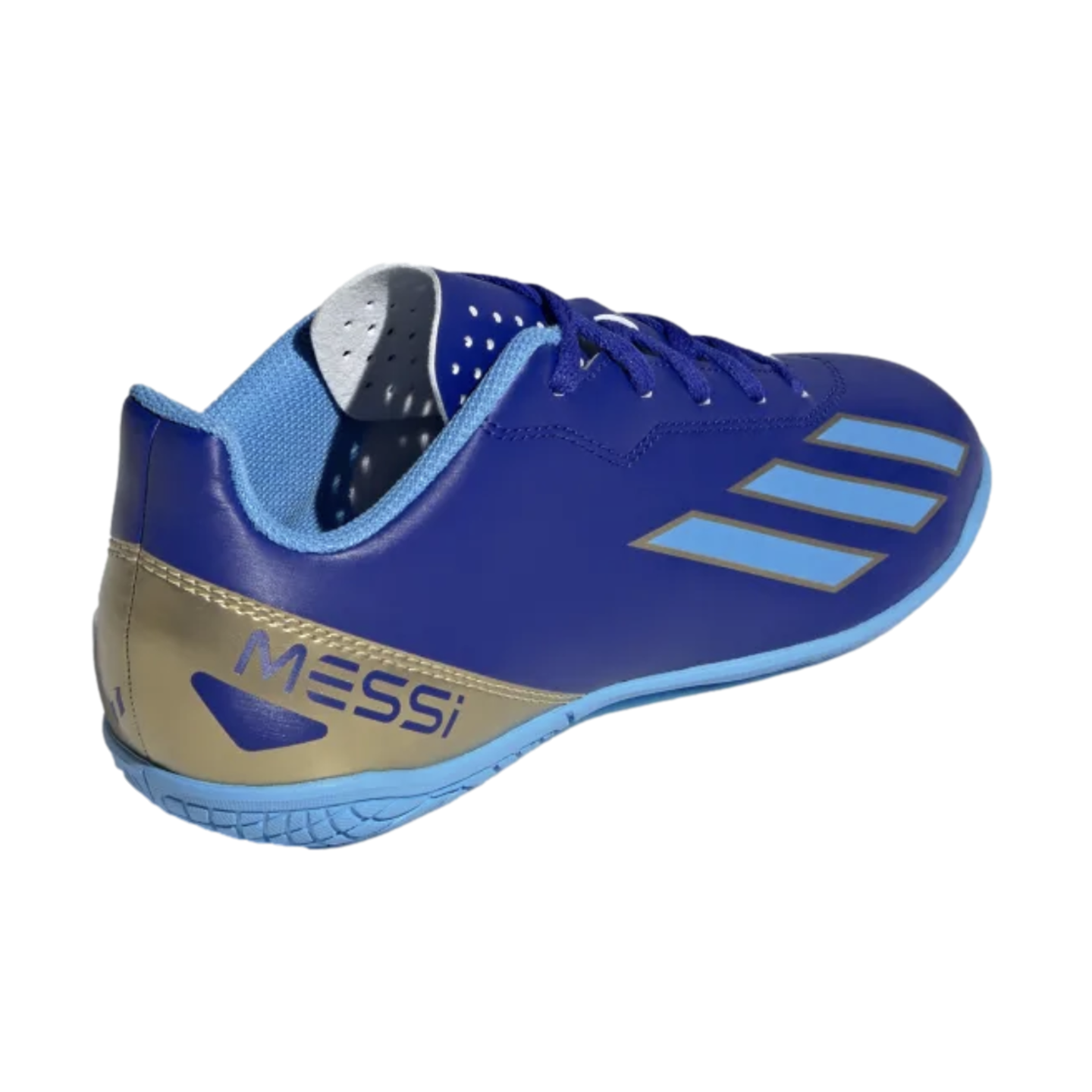 A blue Adidas soccer shoe with "MESSI" in blue on a gold heel. It has light blue stripes and sole, shown against a black background.