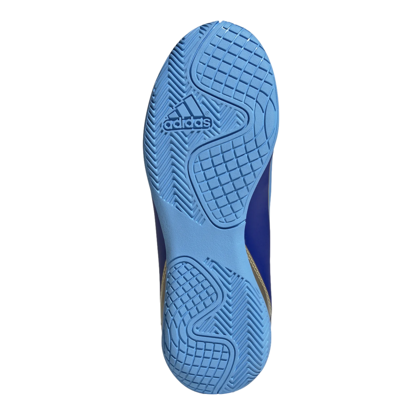 The light blue outsole of an Adidas shoe, featuring a combination of herringbone and grid traction patterns.