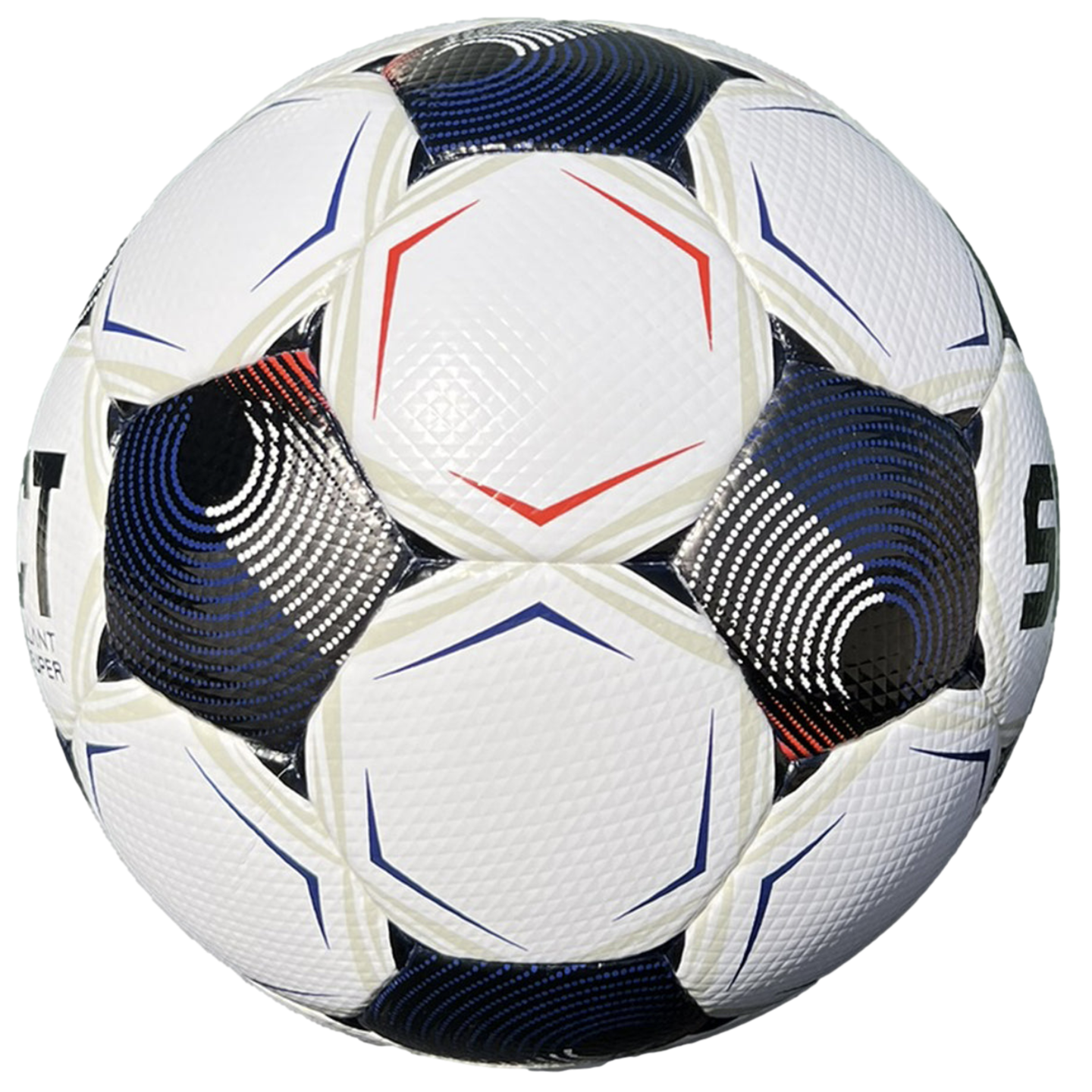 A textured white soccer ball with black, blue, and red geometric designs against a black background.