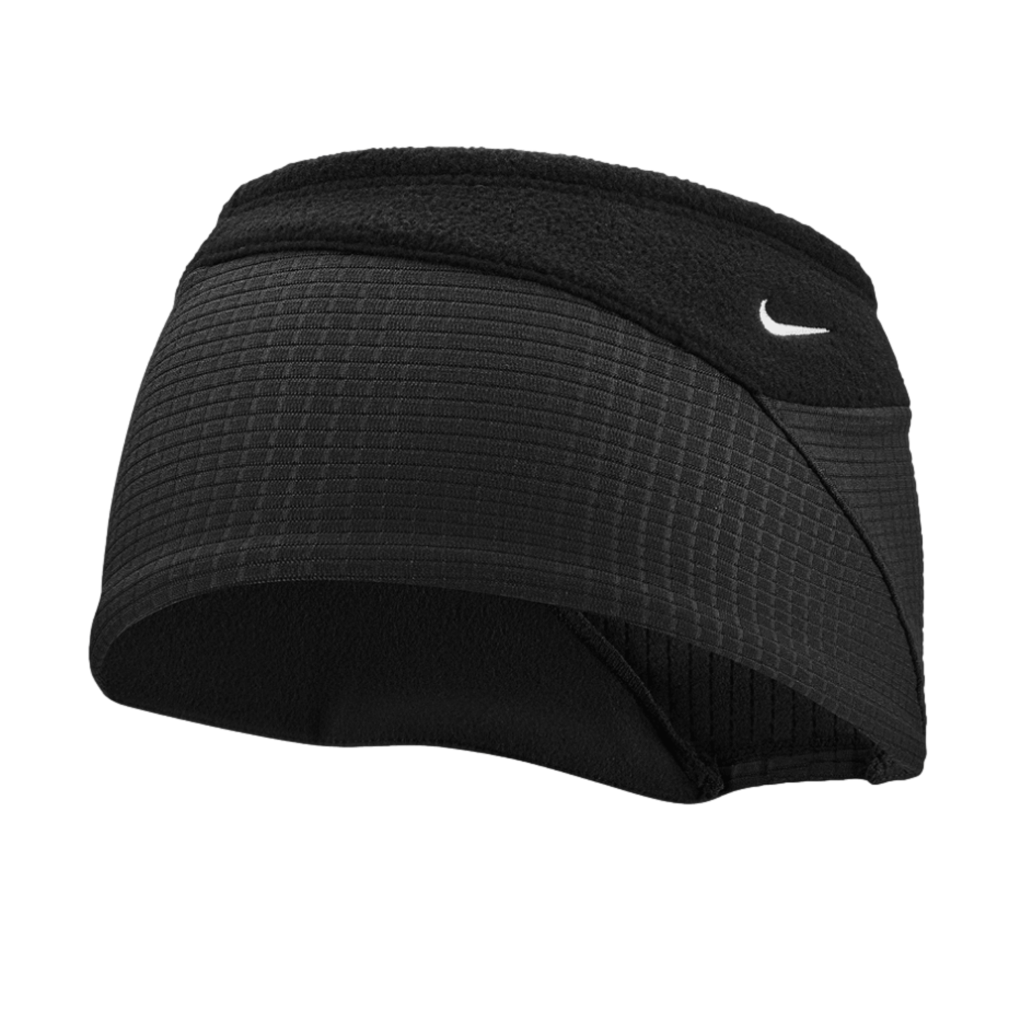 Black Nike headband with a textured grid lower panel, a fleece upper band, and a white swoosh logo, contoured for ear coverage.