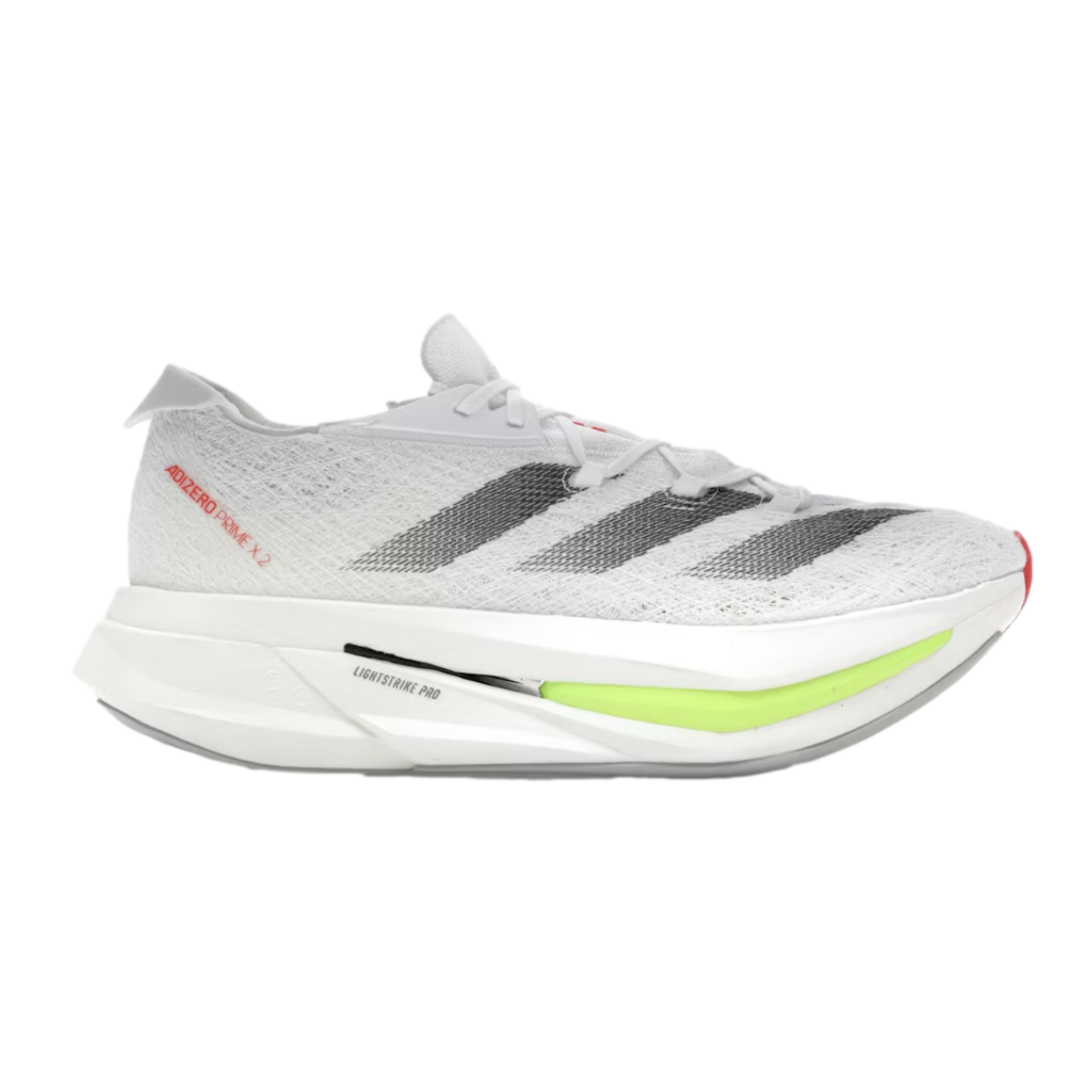 A side view of a white Adidas Adizero Prime X 2 Strung running shoe, featuring grey stripes and a thick, multi-layered white and neon green midsole.