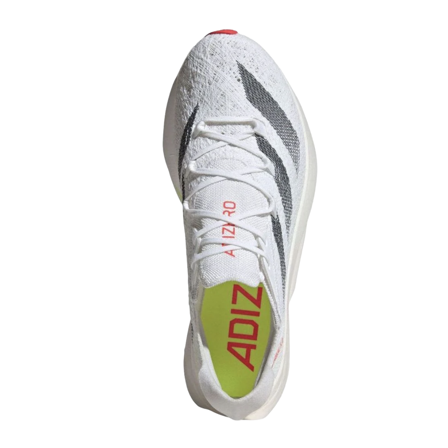 Top-down view of a white Adidas Adizero running shoe with dark grey stripes and a lime green insole, set against a black background.