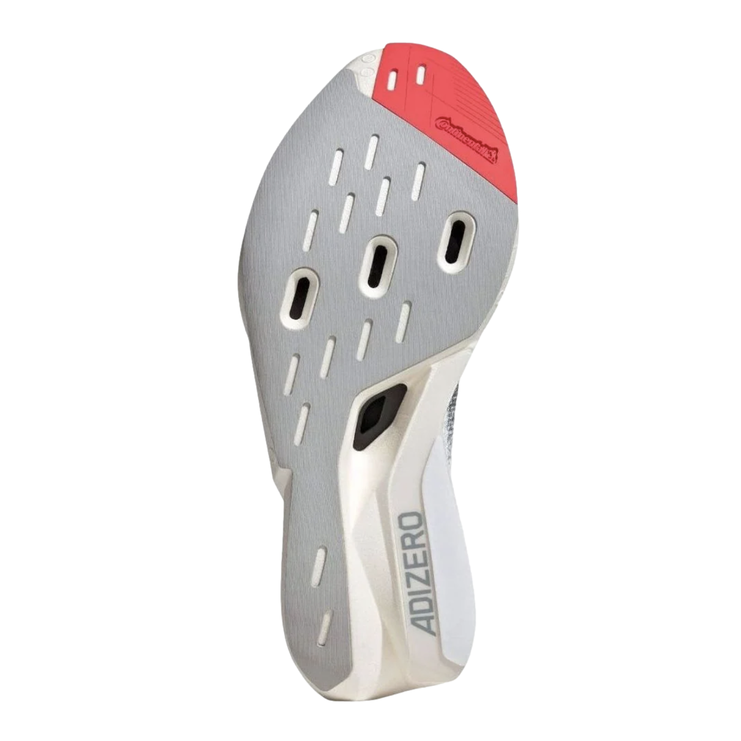 Bottom view of an Adidas Adizero shoe outsole. Features a grey textured plate with oblong cutouts, a red Continental rubber toe patch, and a cream-colored heel section.