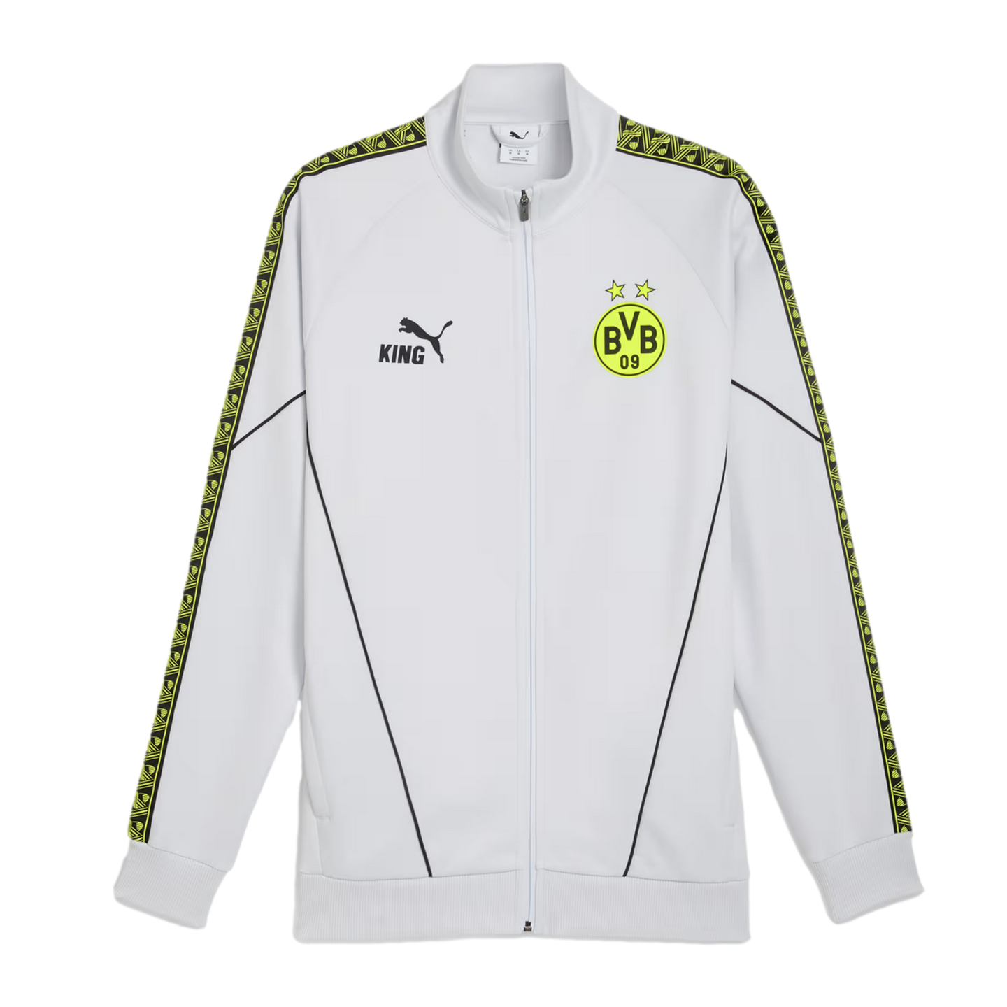 White Puma track jacket with Borussia Dortmund crest, black 'KING' logo, and yellow and black patterned sleeve tape.