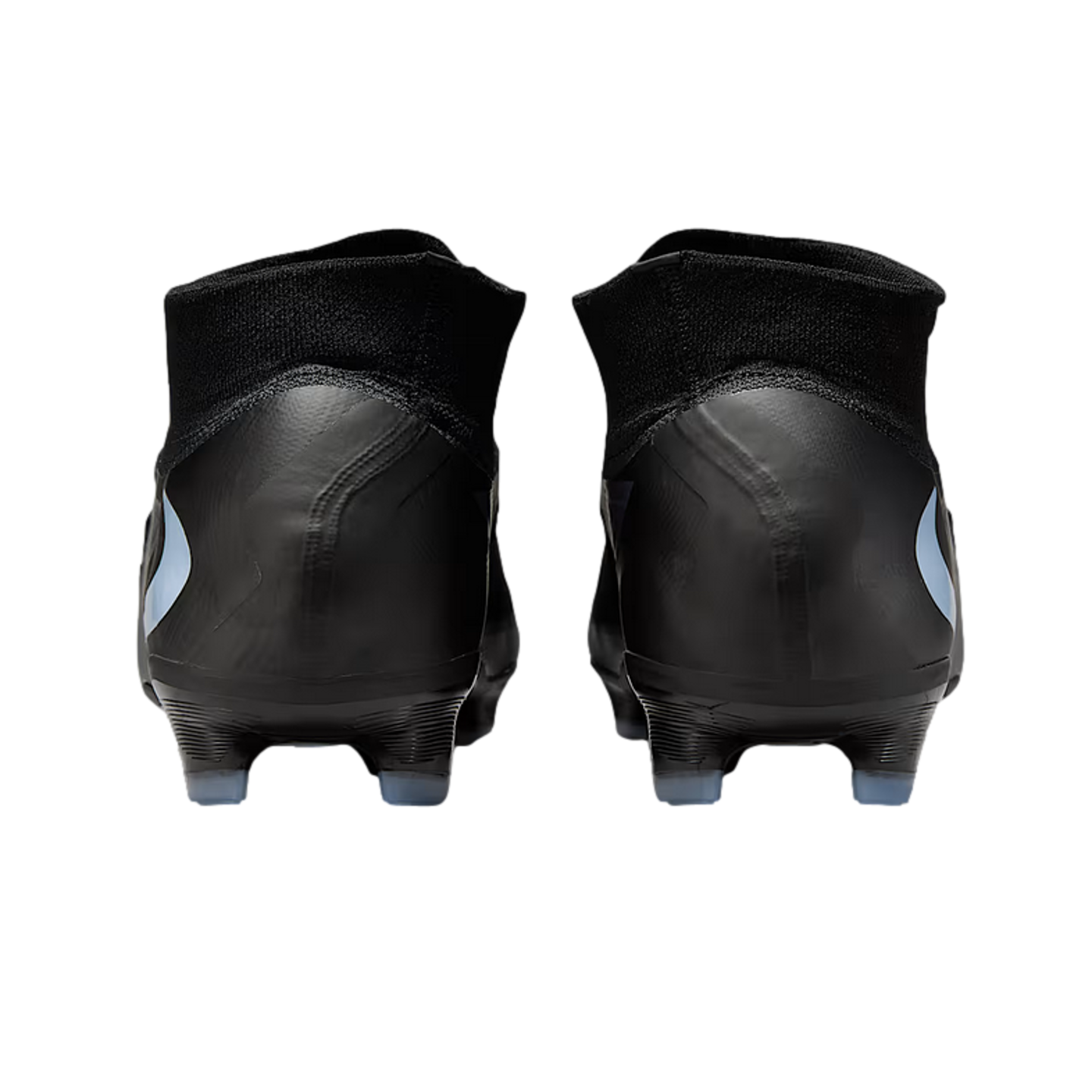 Rear view of a pair of black high-top soccer cleats with light blue swoosh logos and clear-tipped studs.