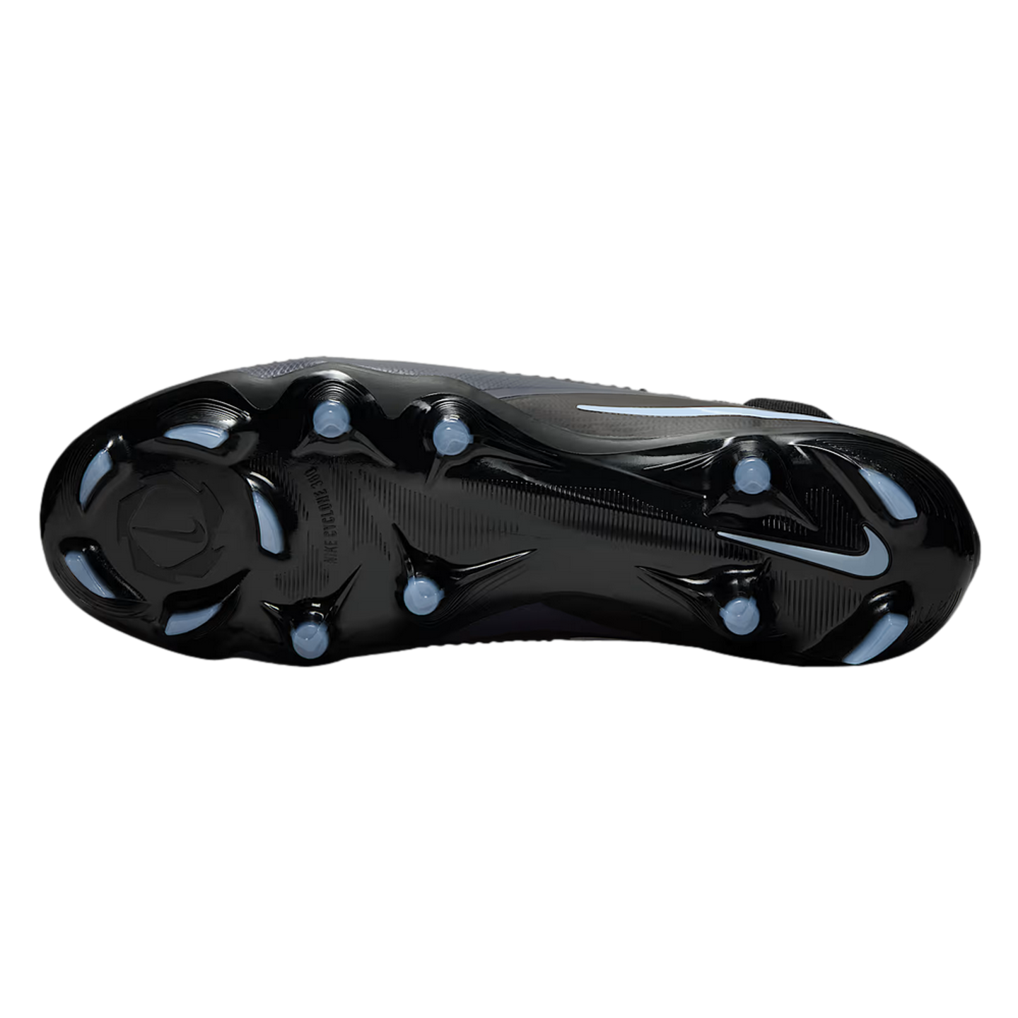 Bottom view of a black Nike soccer cleat, showing a firm ground soleplate with light blue studs and the Nike Swoosh logo.