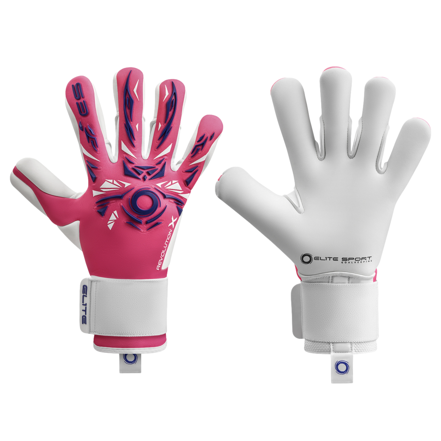 Pink and white Elite Sport goalkeeper gloves. The left glove shows the decorative pink backhand, and the right glove shows the plain white palm. Both have white wrist straps.