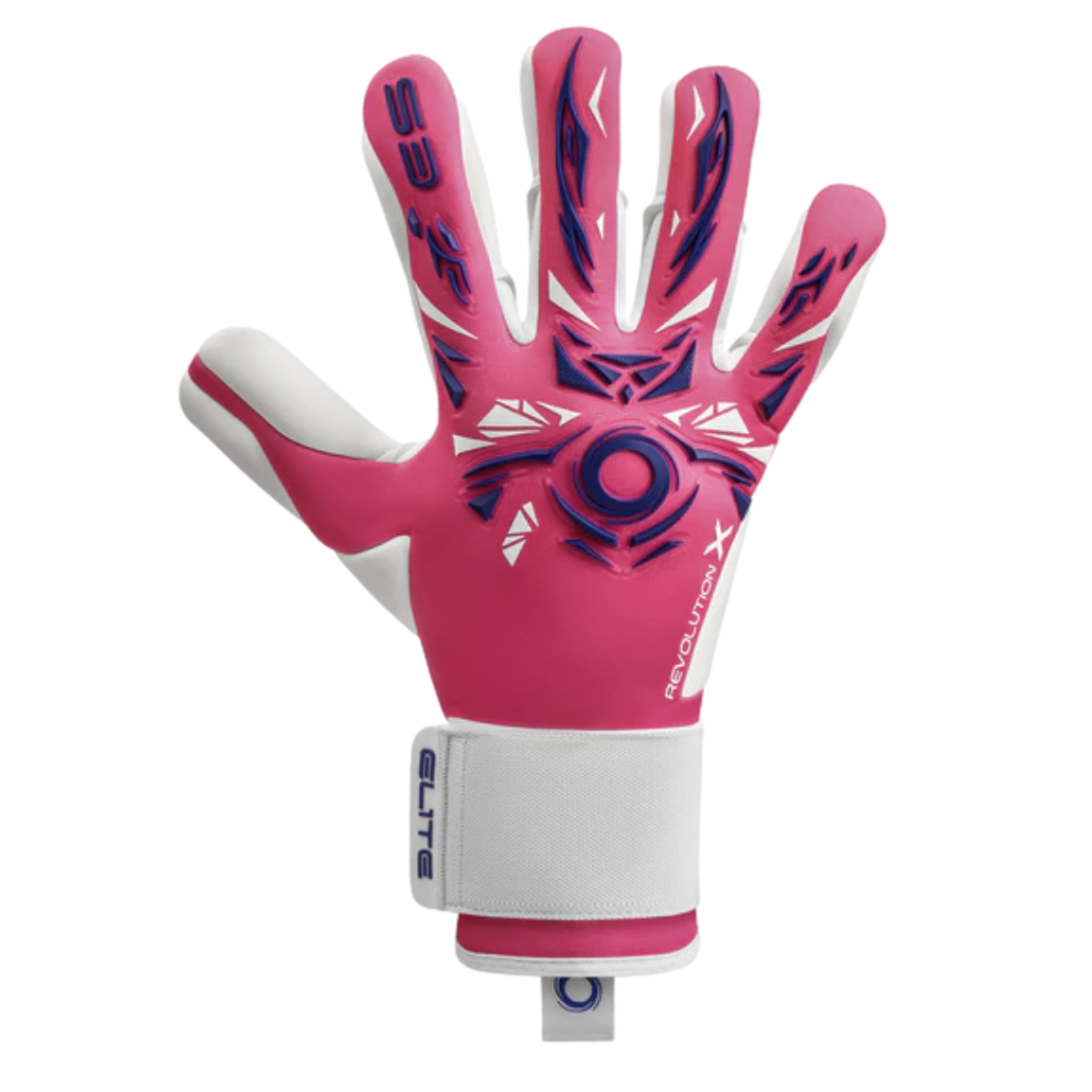 Pink goalkeeper glove with navy blue geometric patterns, white accents, and REVOLUTION X branding.