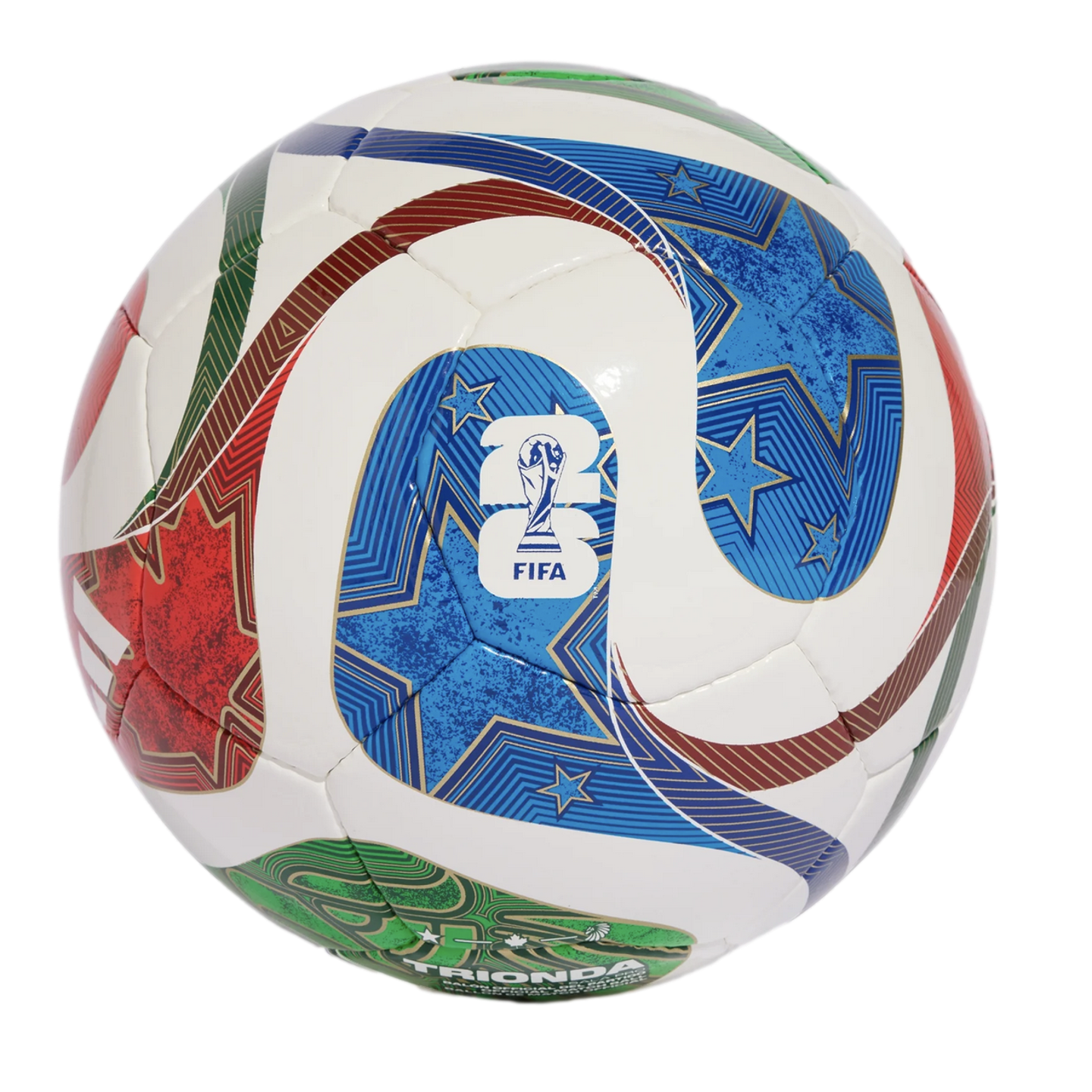 A white soccer ball with vibrant blue, red, and green geometric patterns and stars. The center features the 2026 FIFA World Cup logo and trophy.
