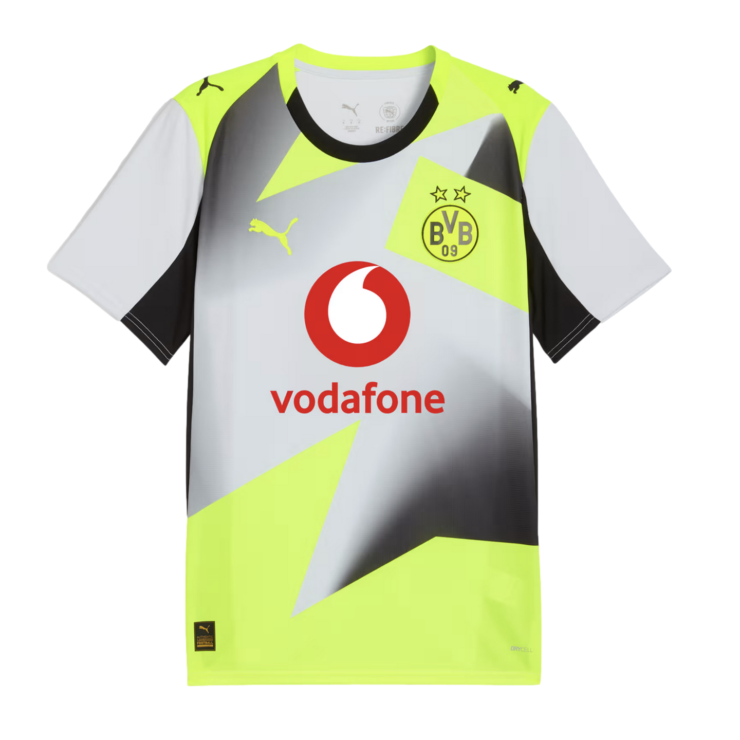Fluorescent yellow, white, and black Puma soccer jersey with a geometric design. Features the BVB 09 crest and a red Vodafone logo in the center.