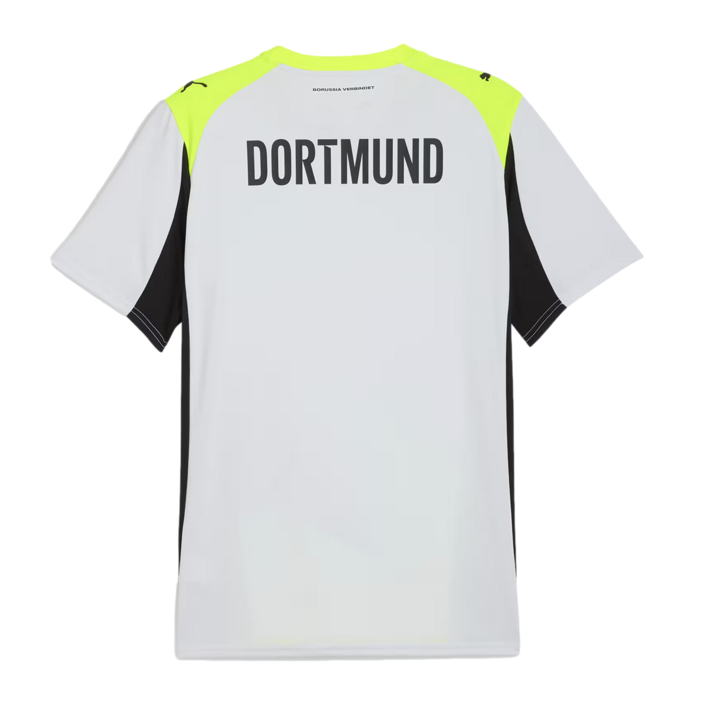 Back of a white Puma soccer jersey featuring large black "DORTMUND" text, neon yellow shoulder panels, and black side inserts.