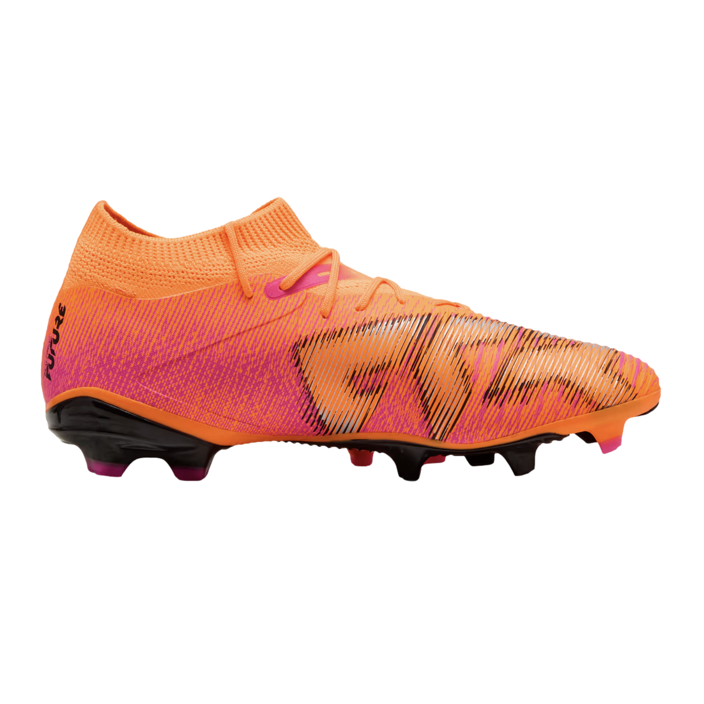 An orange and pink Puma Future soccer boot with a textured upper and sock-like collar, shown in profile on a black background.
