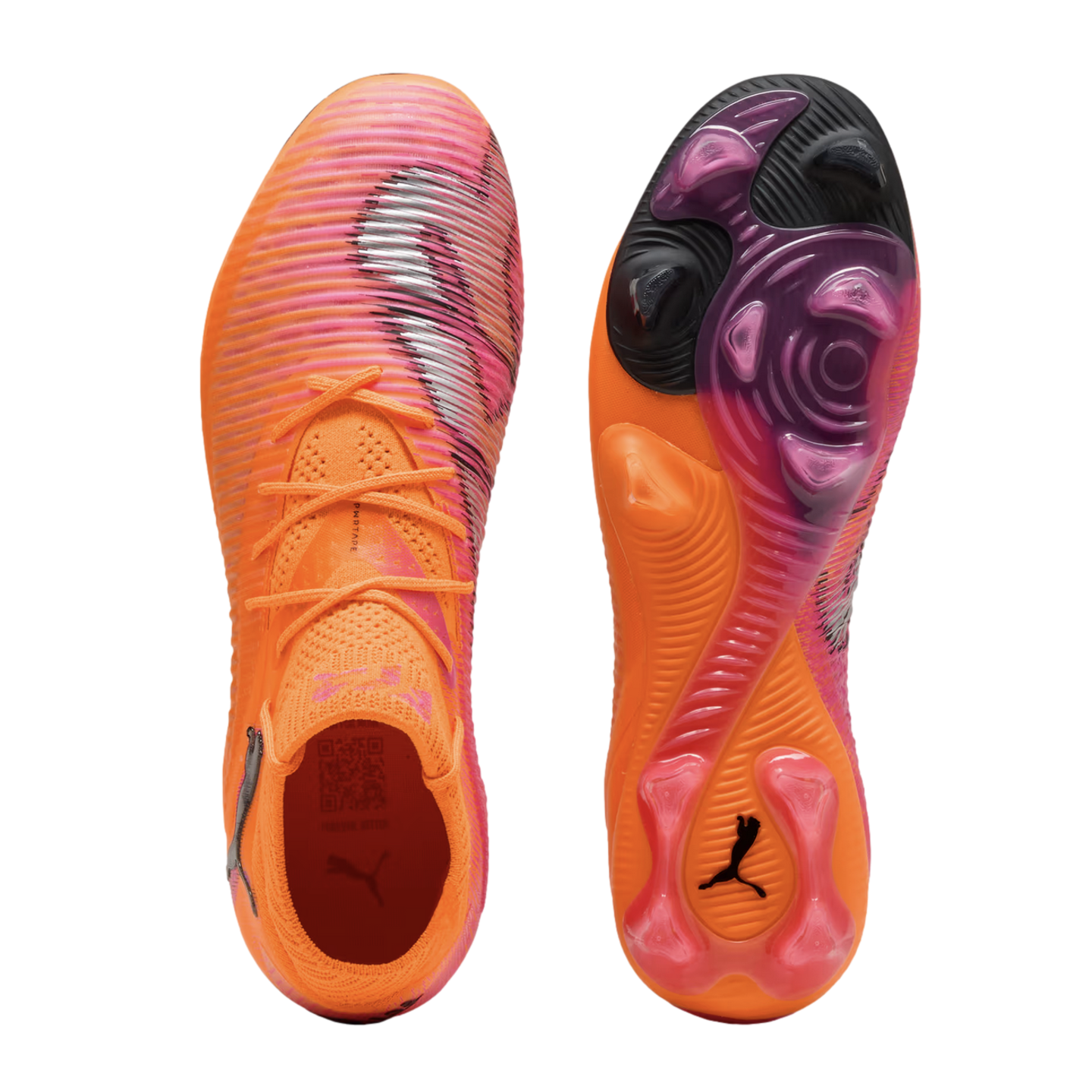 Top and soleplate views of vibrant orange and pink Puma soccer boots with a textured upper and translucent studs, isolated on a black background.