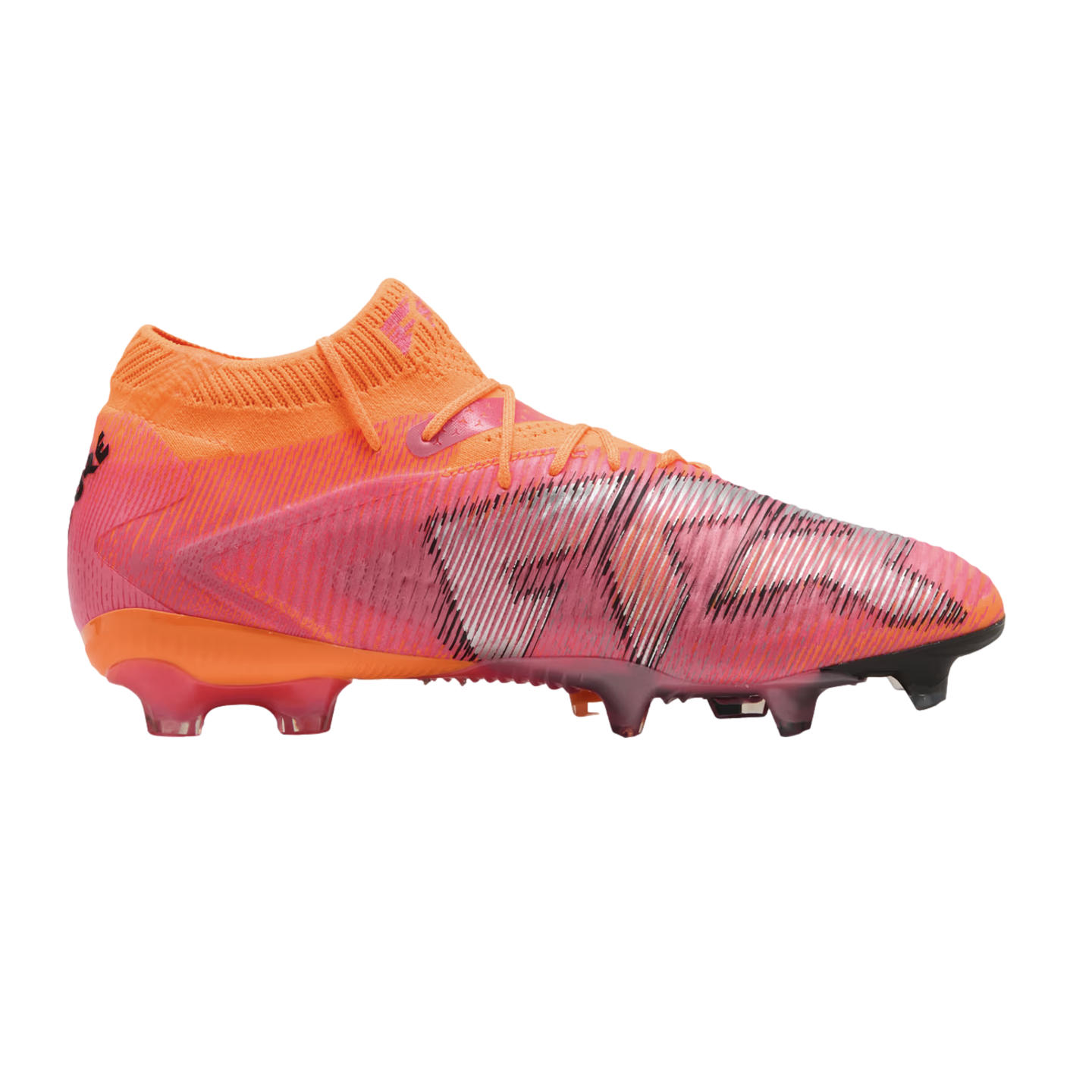 Side view of a Puma Future soccer cleat in vibrant orange and pink with silver diagonal graphics on a black background.