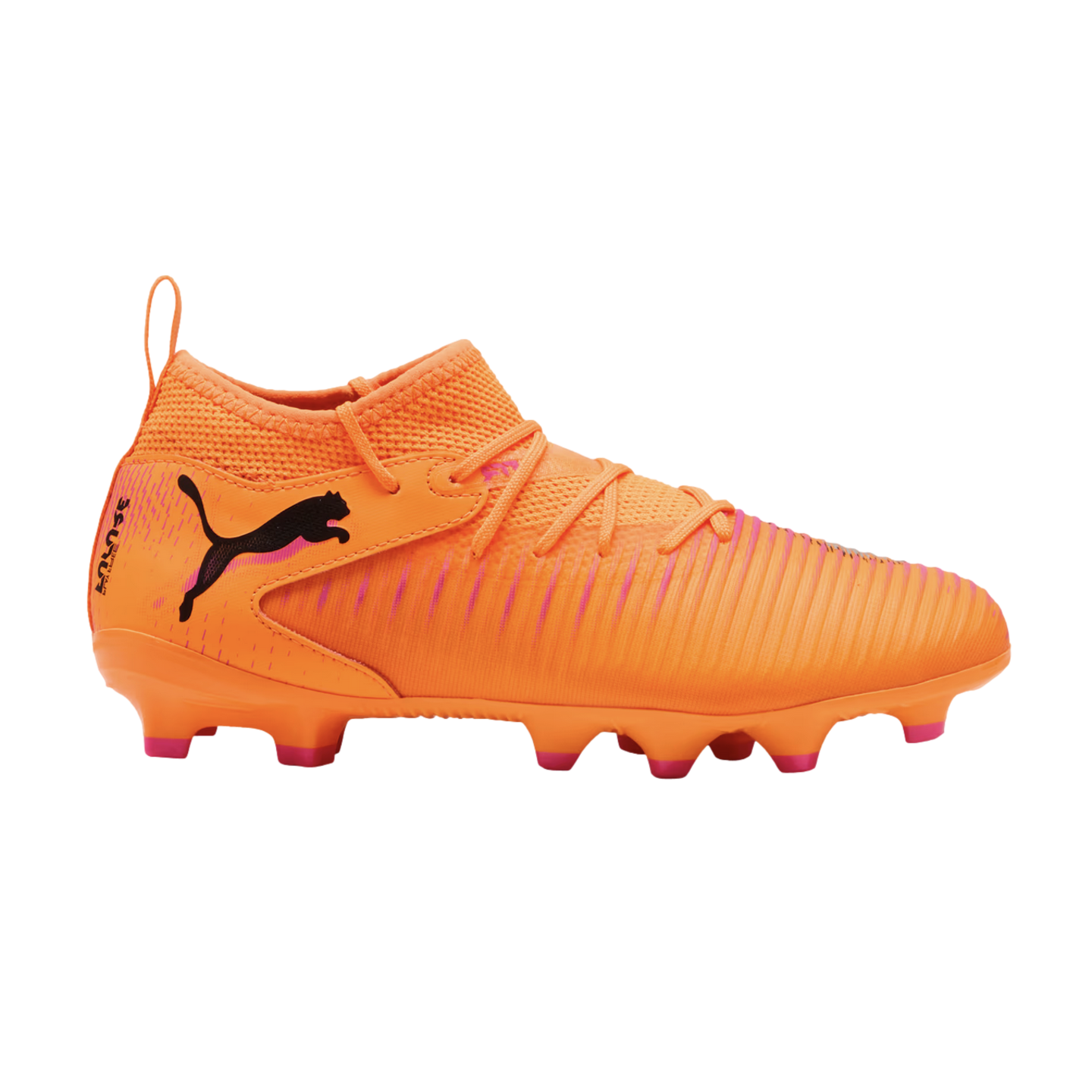 A bright orange Puma soccer cleat featuring pink accents, a textured upper, and a black leaping cat logo on a solid black background.