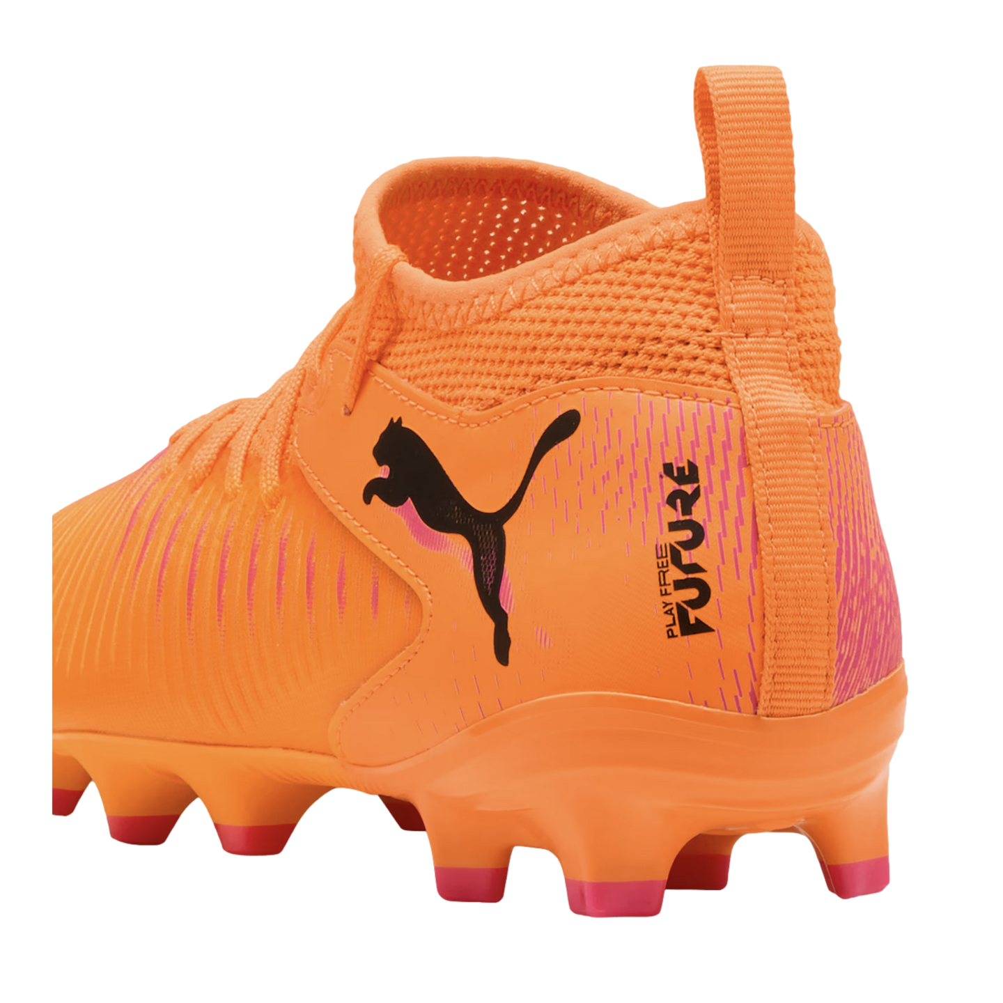 Side-back view of a bright orange Puma Future soccer cleat with pink accents, a sock-like collar, and a black Puma logo on the side.