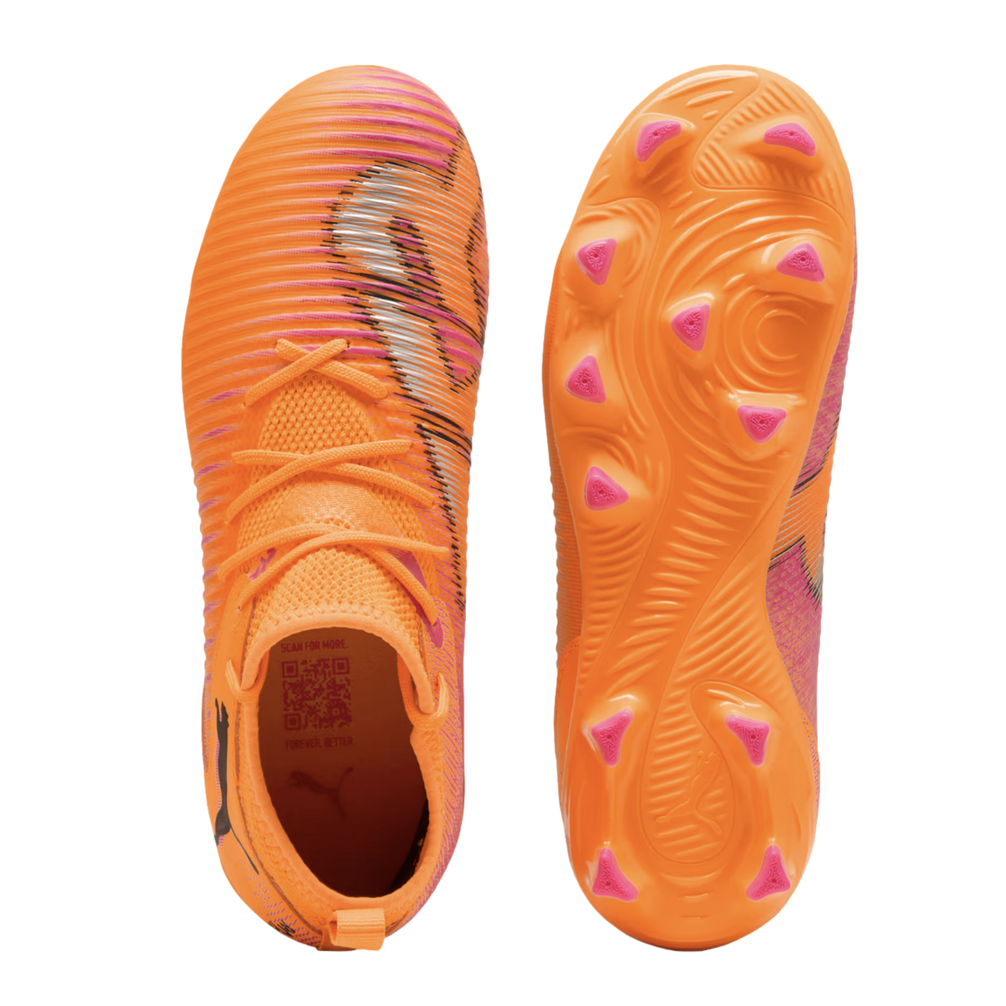 Top and bottom views of bright orange Puma soccer cleats with pink and black striped accents on the upper and pink studs on the soleplate.