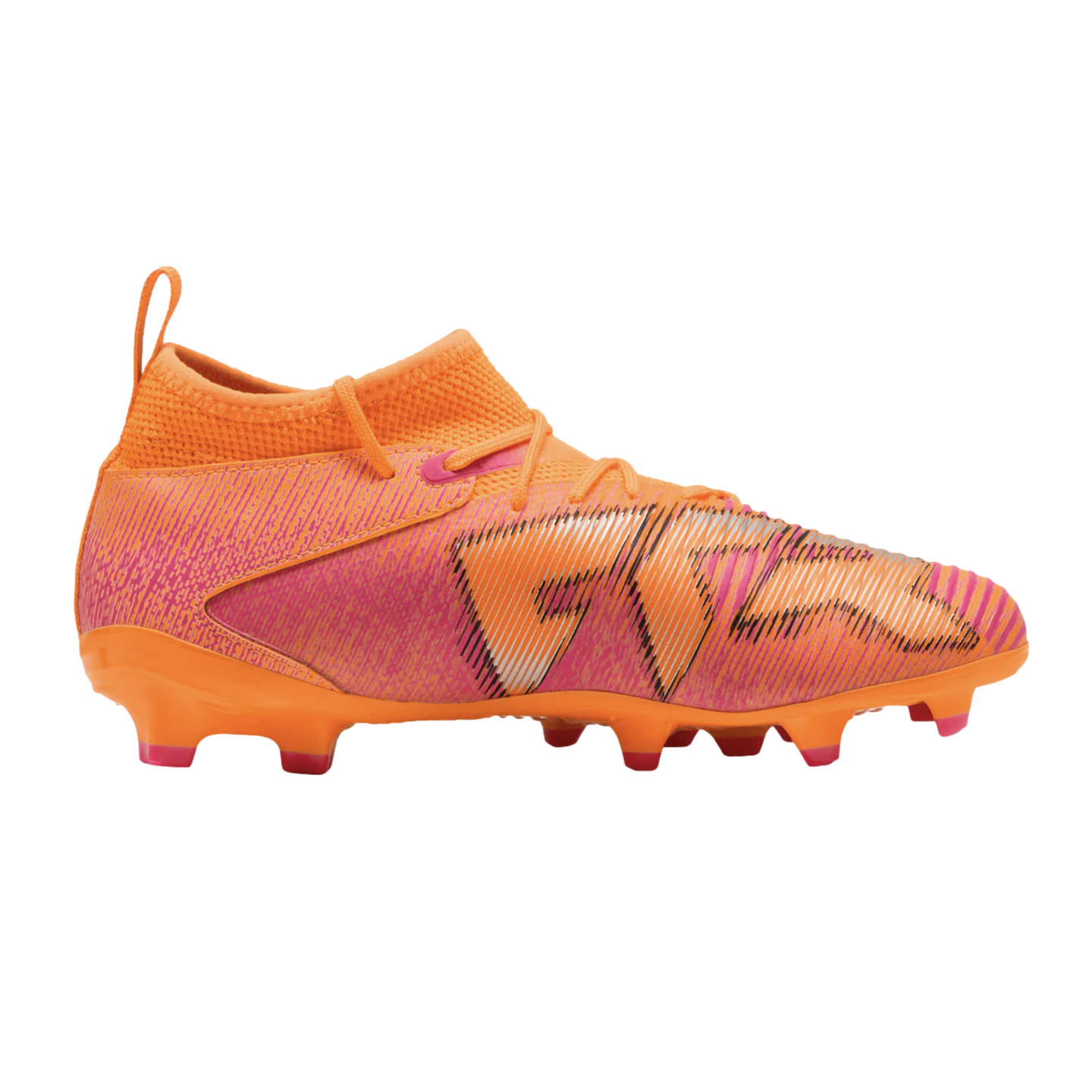 Vibrant orange and pink soccer cleat with a high ankle collar and textured upper shown in profile against a black background.