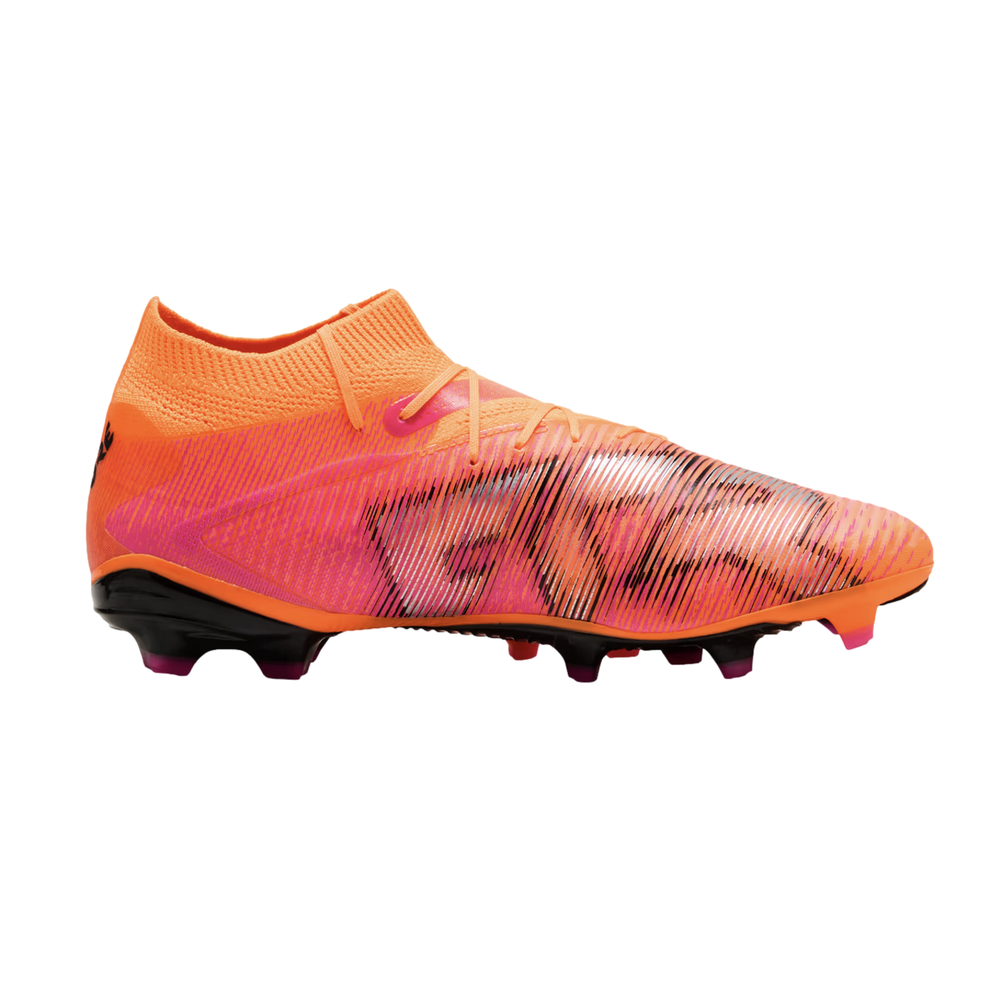 Side profile of an orange and pink Nike soccer cleat with a knitted ankle collar and large silver 'AIR' graphic on the side.