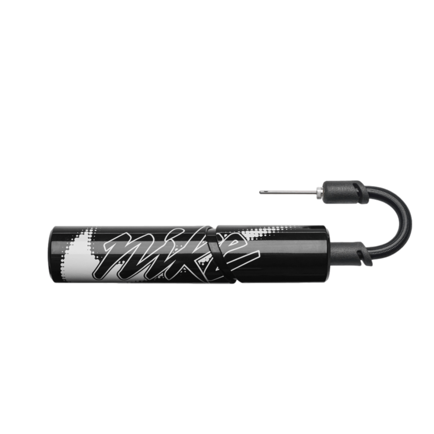 A black Nike hand pump for sports balls, featuring a white stylized logo and a flexible hose with a metal inflation needle.