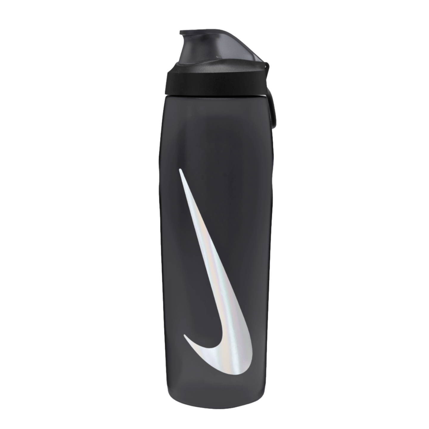 Matte black Nike water bottle featuring a large iridescent swoosh logo and a black flip-top lid, set against a black background.