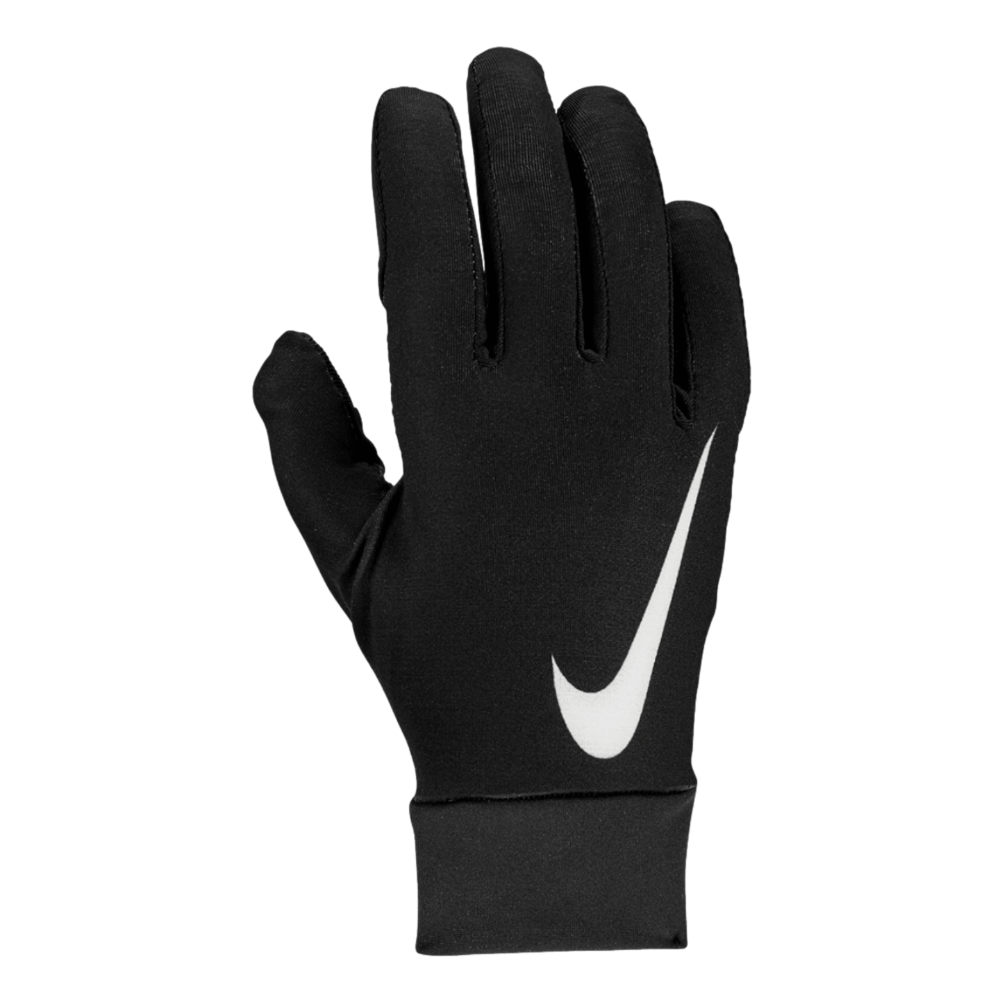 A single black Nike athletic glove with a large white swoosh logo on the back of the hand.