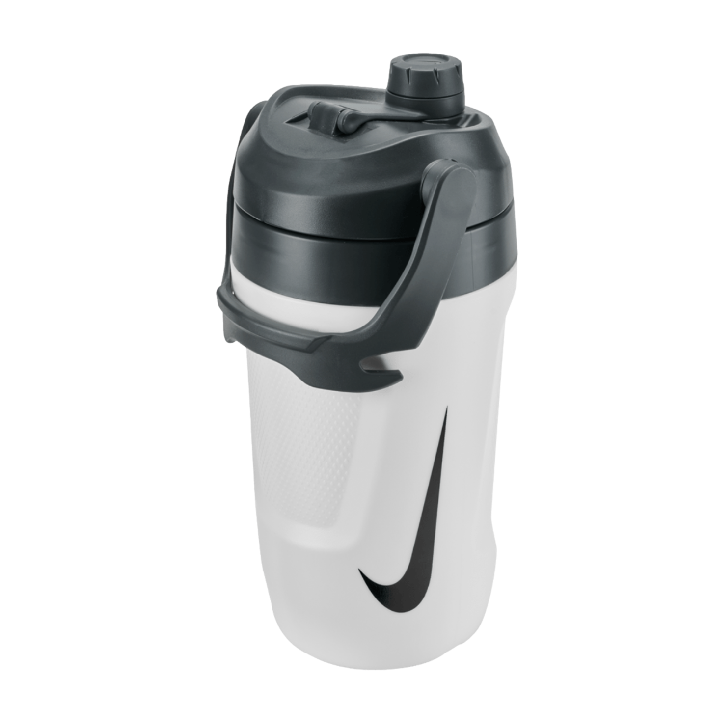 A white Nike water bottle with a black lid, a large integrated carrying handle, and a black swoosh logo on the front, isolated on a black background.