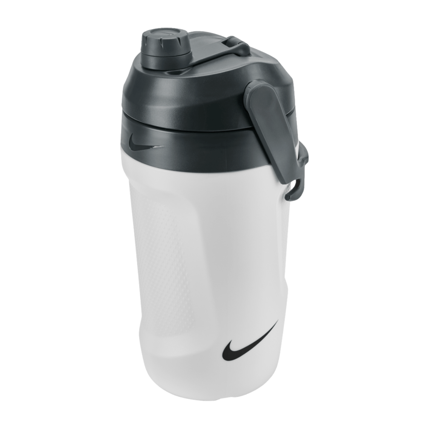 A white Nike water jug with a dark gray lid, side handle, and screw-top cap. It features a textured grip and black Nike swoosh logos.