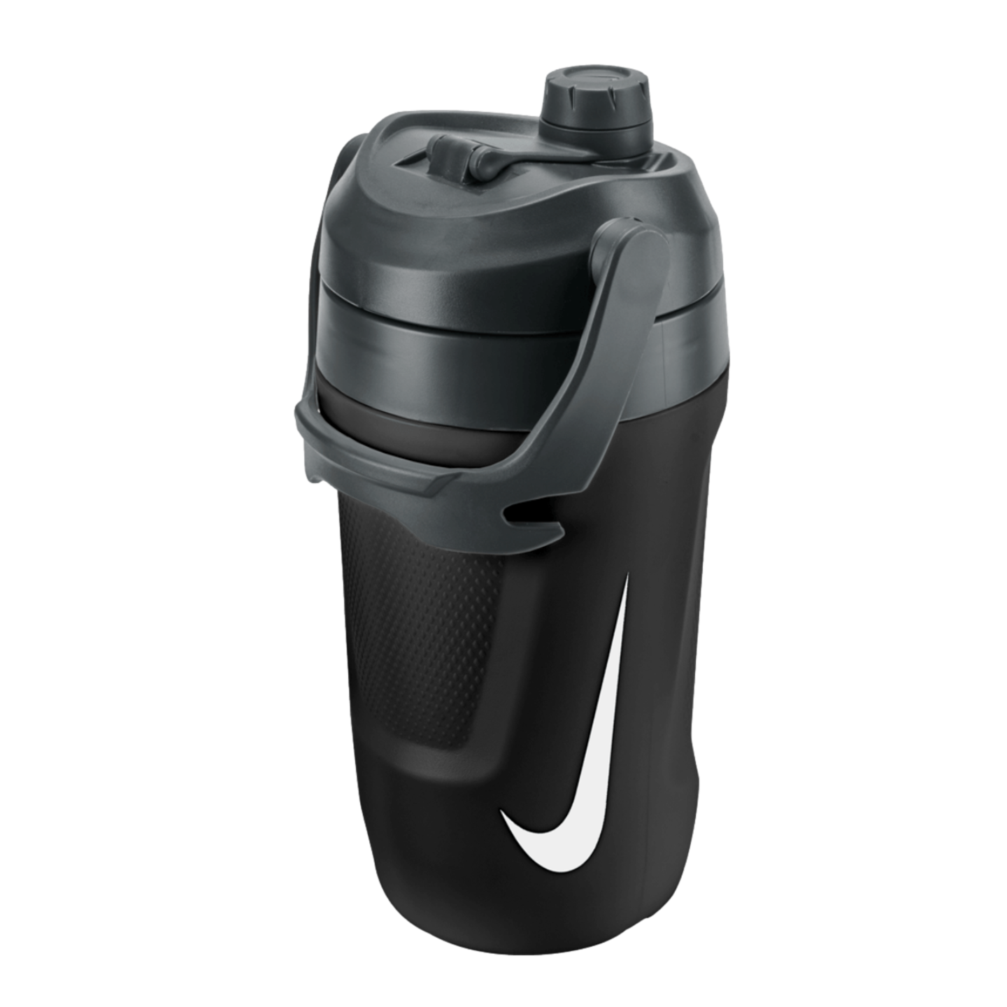 A black Nike water jug with a carry handle and a prominent white swoosh logo on the front.