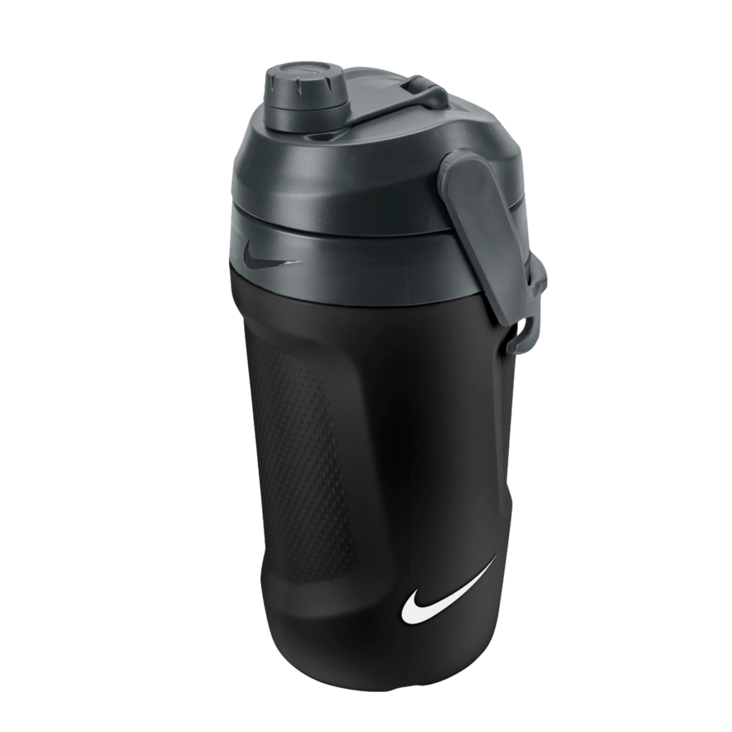 Black and grey Nike water jug with a textured grip and white swoosh logo, featuring a grey lid with a screw cap and carrying handle, isolated on a black background.