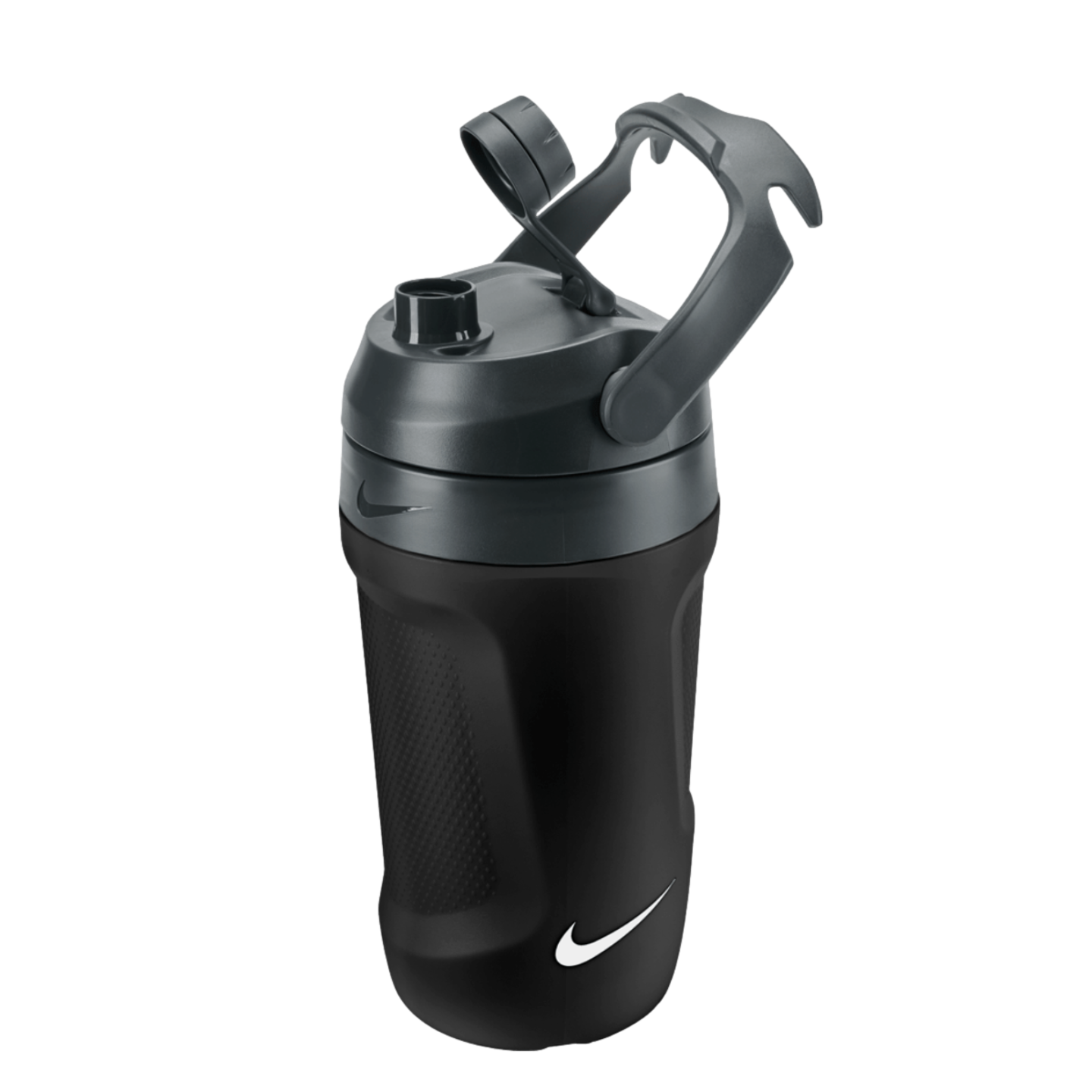 A black and grey Nike shaker bottle with a carrying handle, flip-top lid, and white swoosh logo on its base.