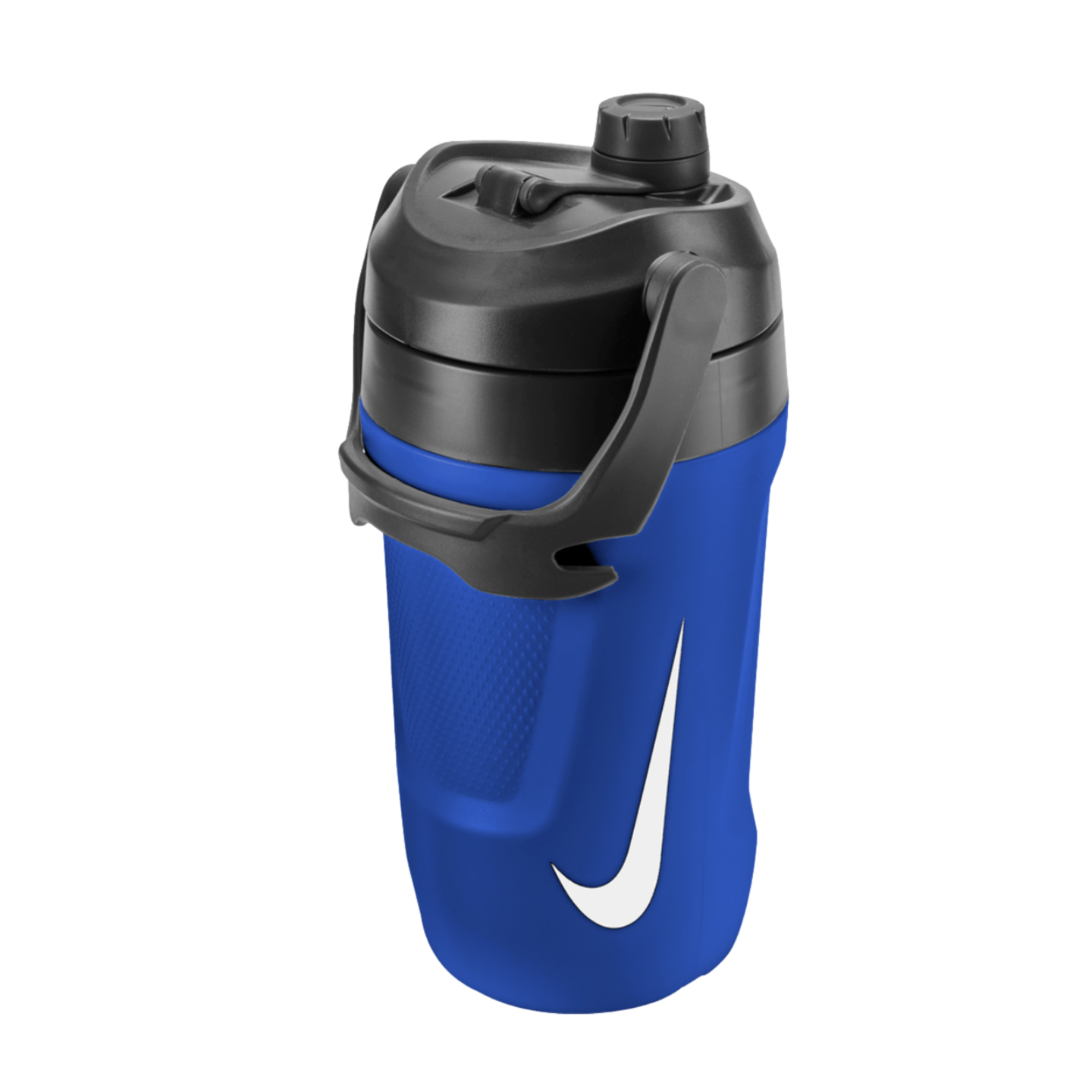 A blue Nike water jug featuring a black lid and handle, with a prominent white Nike swoosh logo on the front, set against a solid black background.