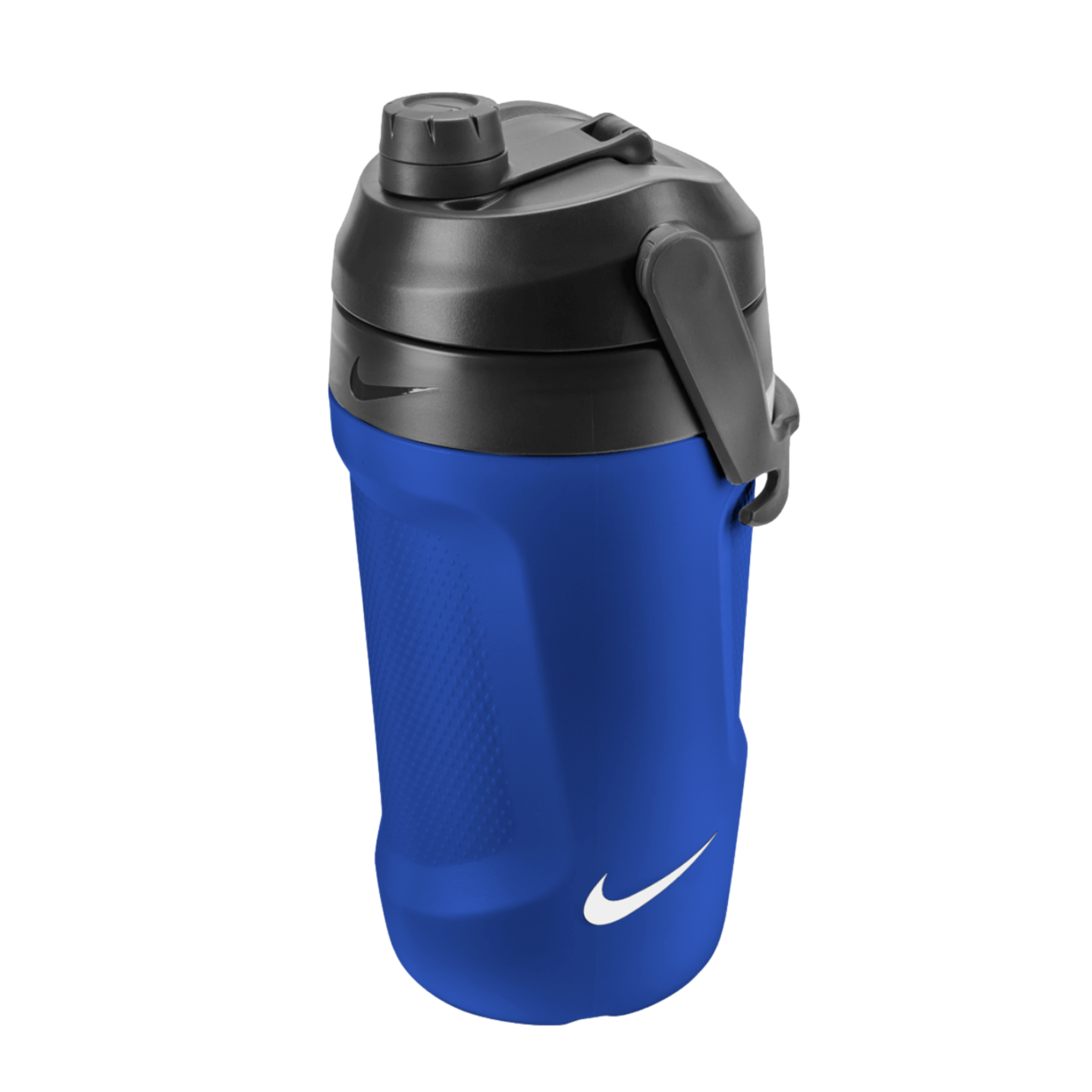 A blue Nike water bottle with a black lid, side handle, and white swoosh logo, isolated on a black background.