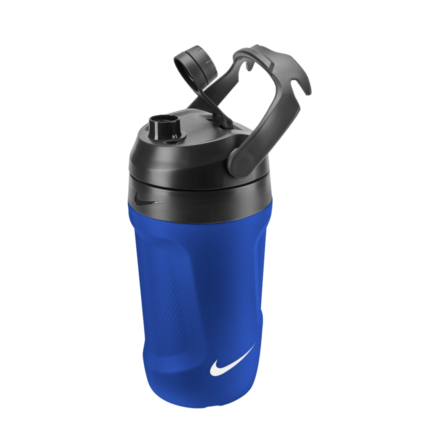 Blue Nike water bottle with a textured body, black lid, carrying handle, and white Nike swoosh logo.