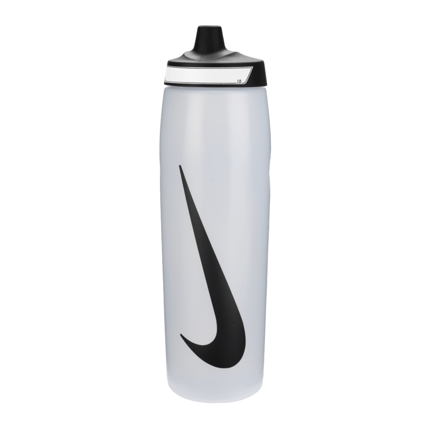 Semi-transparent white Nike water bottle with a black swoosh logo and black pull-top lid, isolated on a black background.