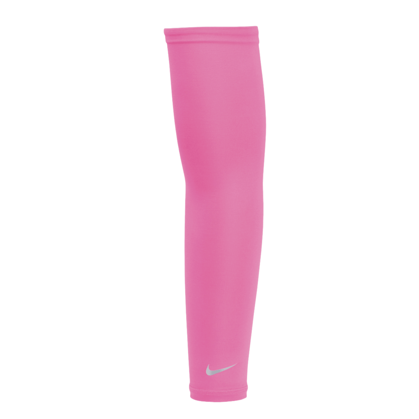 A bright pink Nike compression arm sleeve with a small white swoosh logo near the bottom, shown against a solid black background.
