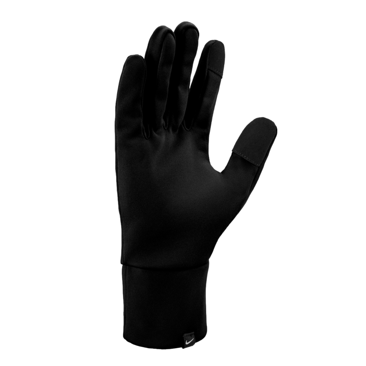 Black athletic glove with a small white Nike logo on the wrist cuff, shown against a solid black background.