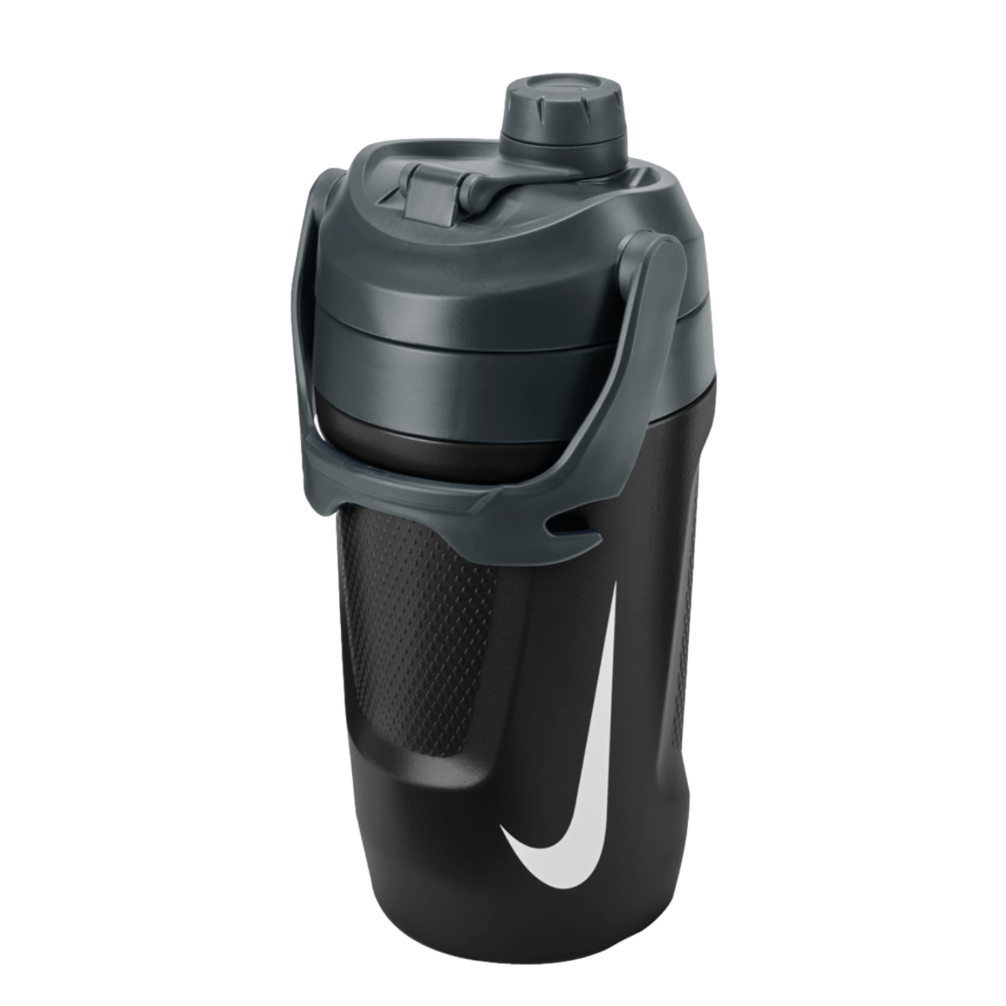 A large black and grey Nike fuel jug with a carrying handle, a screw-top lid, and a white swoosh logo.