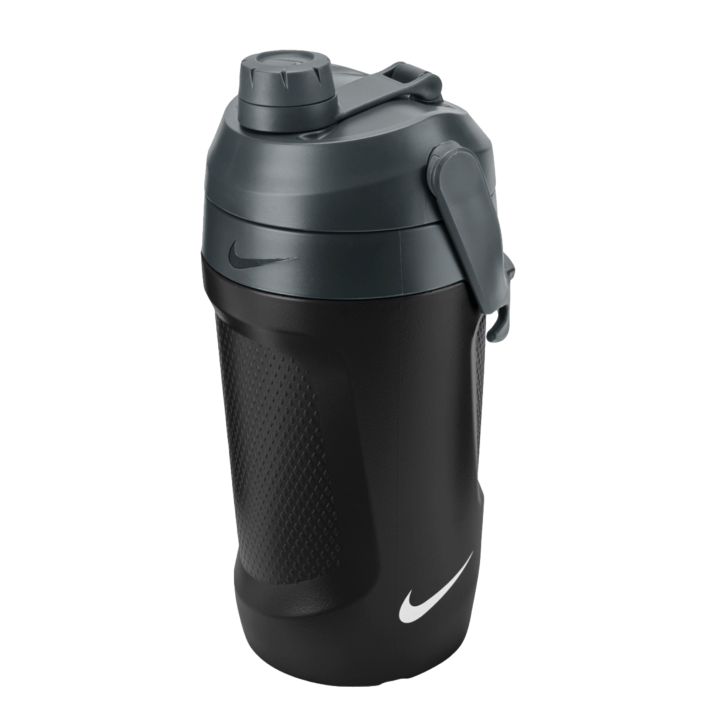 Black and grey Nike sports water bottle with a textured grip and white swoosh logo.