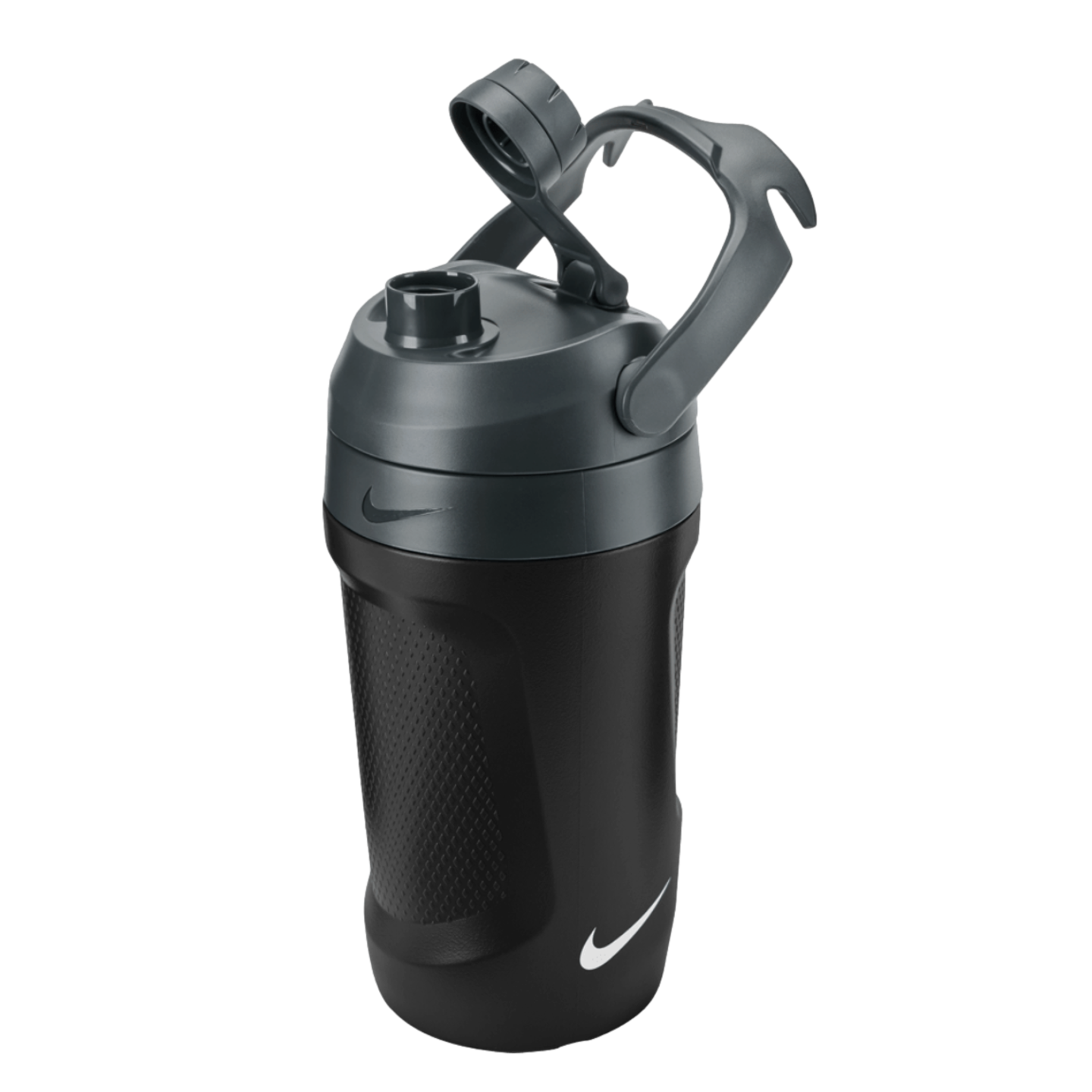 Black and grey Nike water bottle with an open flip-top lid, integrated carrying handle, and textured grip, positioned against a solid black background.