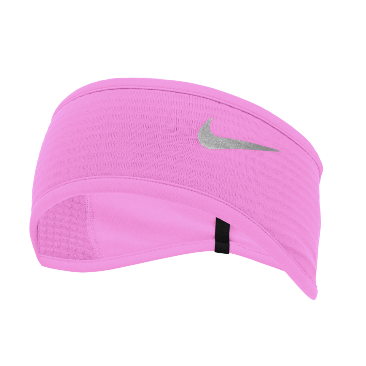 A bright pink Nike athletic headband with a reflective silver swoosh logo, contoured for ear coverage, set against a black background.